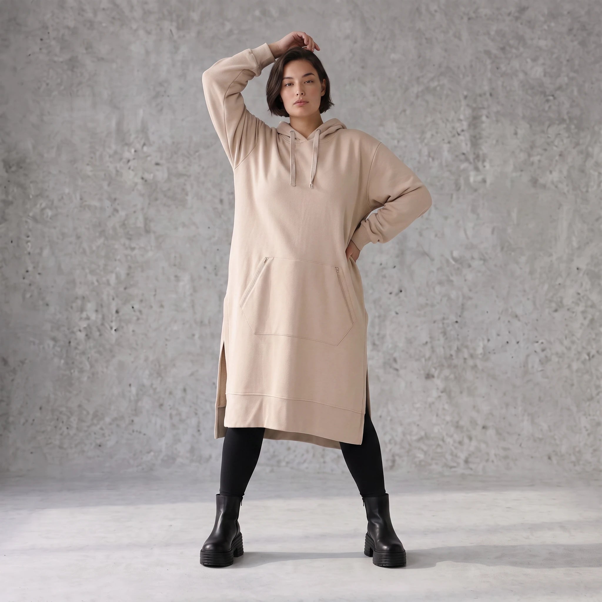 Damen Hoody Avantgarde Baumwolle Sand, gerader Schnitt, Kapuze, Oversize große Größen – Rafay