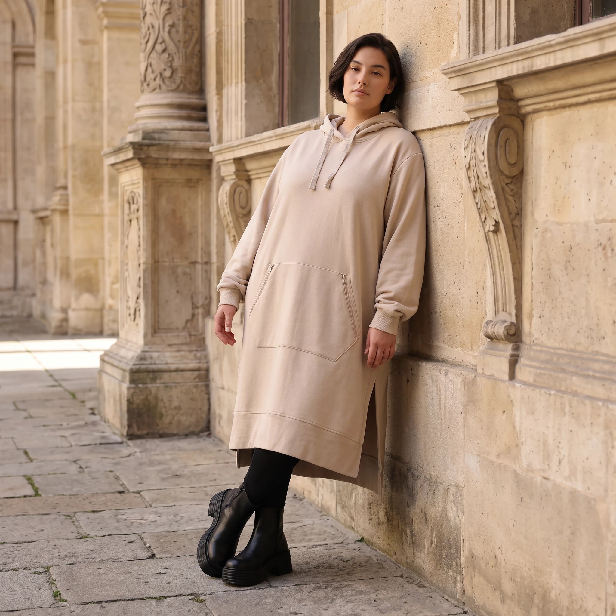 Damen Hoody Avantgarde Baumwolle Sand, gerader Schnitt, Kapuze, Oversize große Größen – Rafay