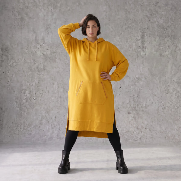 Damen Hoody Avantgarde Baumwolle Senfgelb, gerader Schnitt, Kapuze, Oversize große Größen – Rafay