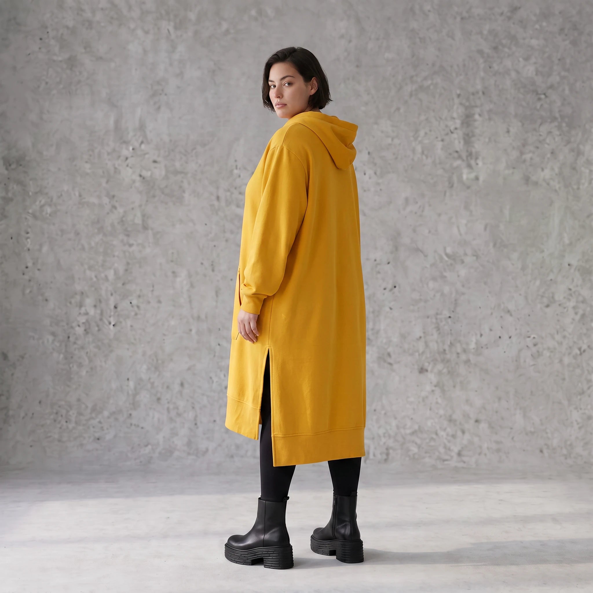 Damen Hoody Avantgarde Baumwolle Senfgelb, gerader Schnitt, Kapuze, Oversize große Größen – Rafay
