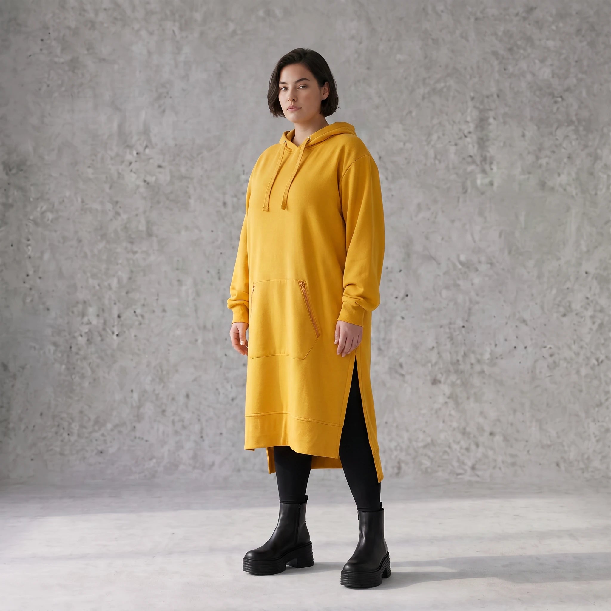 Damen Hoody Avantgarde Baumwolle Senfgelb, gerader Schnitt, Kapuze, Oversize große Größen – Rafay