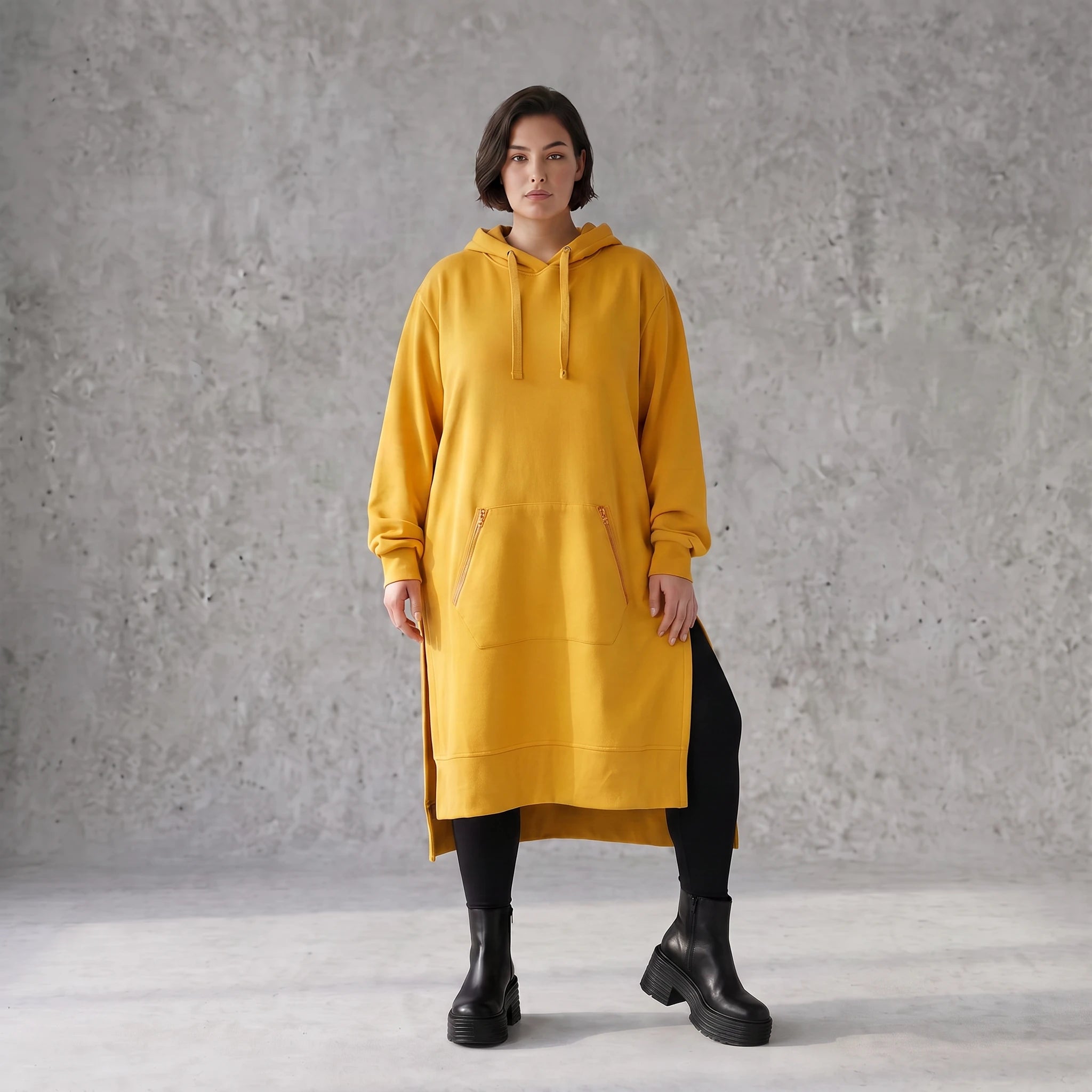 Damen Hoody Avantgarde Baumwolle Senfgelb, gerader Schnitt, Kapuze, Oversize große Größen – Rafay