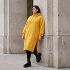 Damen Hoody Avantgarde Baumwolle Senfgelb, gerader Schnitt, Kapuze, Oversize große Größen – Rafay