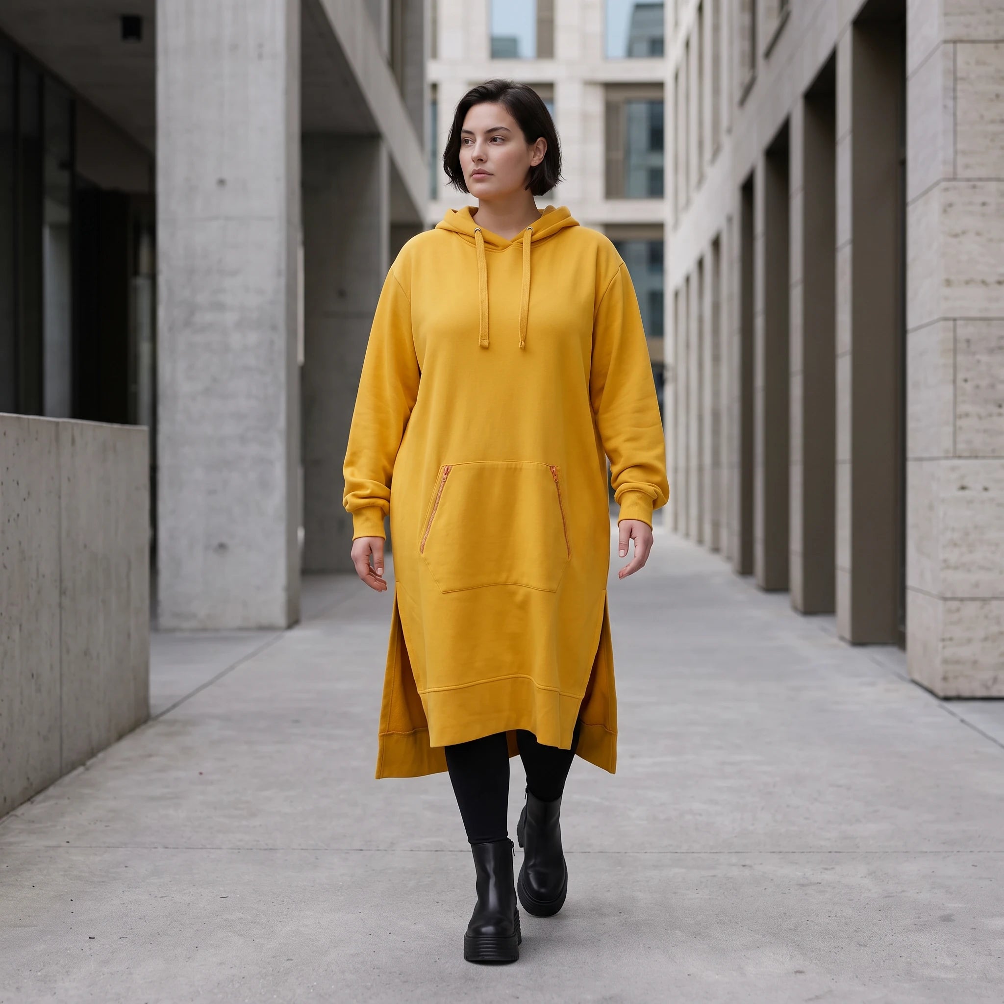 Damen Hoody Avantgarde Baumwolle Senfgelb, gerader Schnitt, Kapuze, Oversize große Größen – Rafay