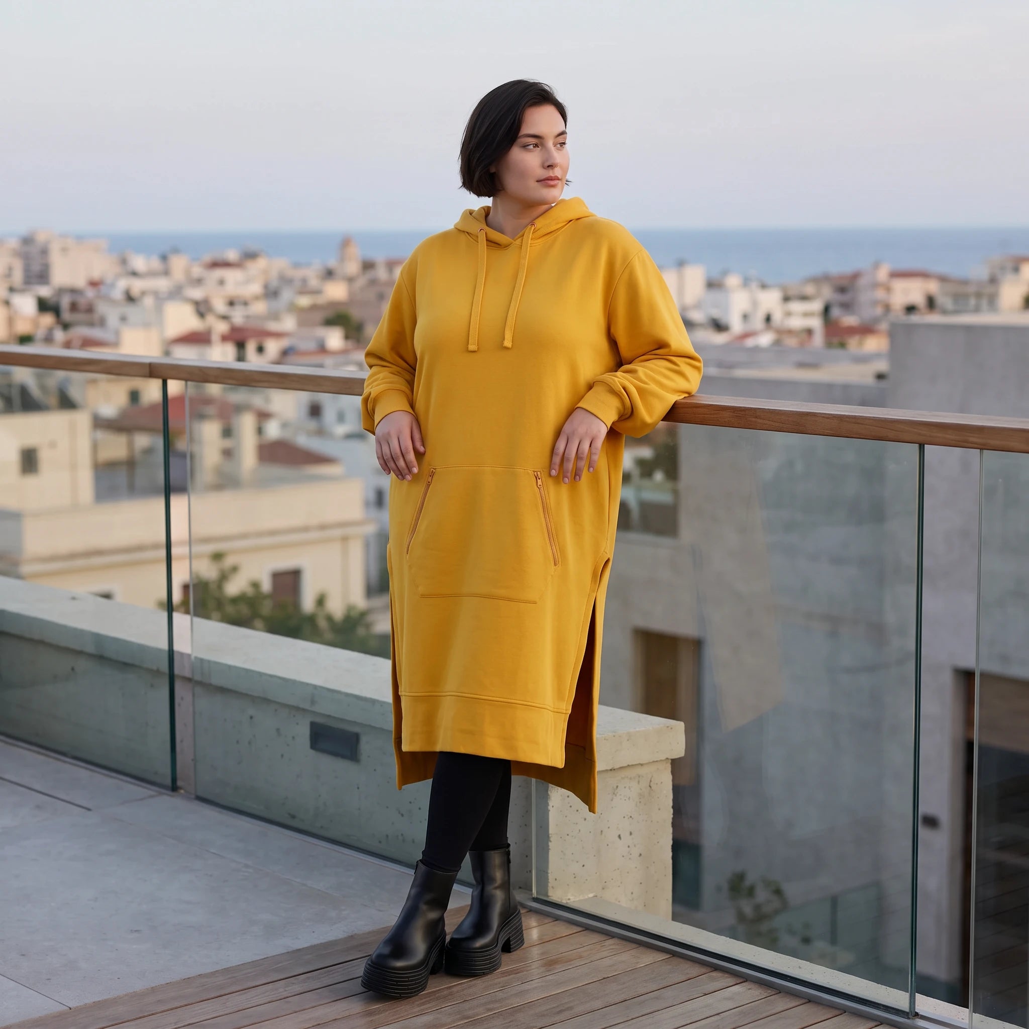 Damen Hoody Avantgarde Baumwolle Senfgelb, gerader Schnitt, Kapuze, Oversize große Größen – Rafay