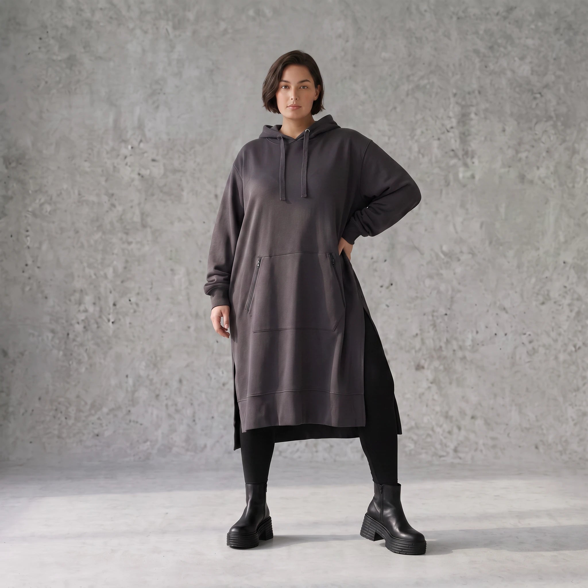Damen Hoody Avantgarde Baumwolle Dunkelgrau, gerader Schnitt, Kapuze, Oversize große Größen – Rafay