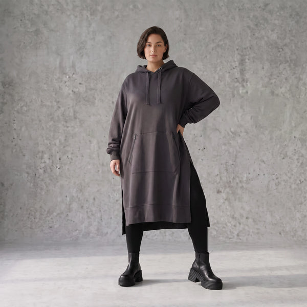 Damen Hoody Avantgarde Baumwolle Dunkelgrau, gerader Schnitt, Kapuze, Oversize große Größen – Rafay