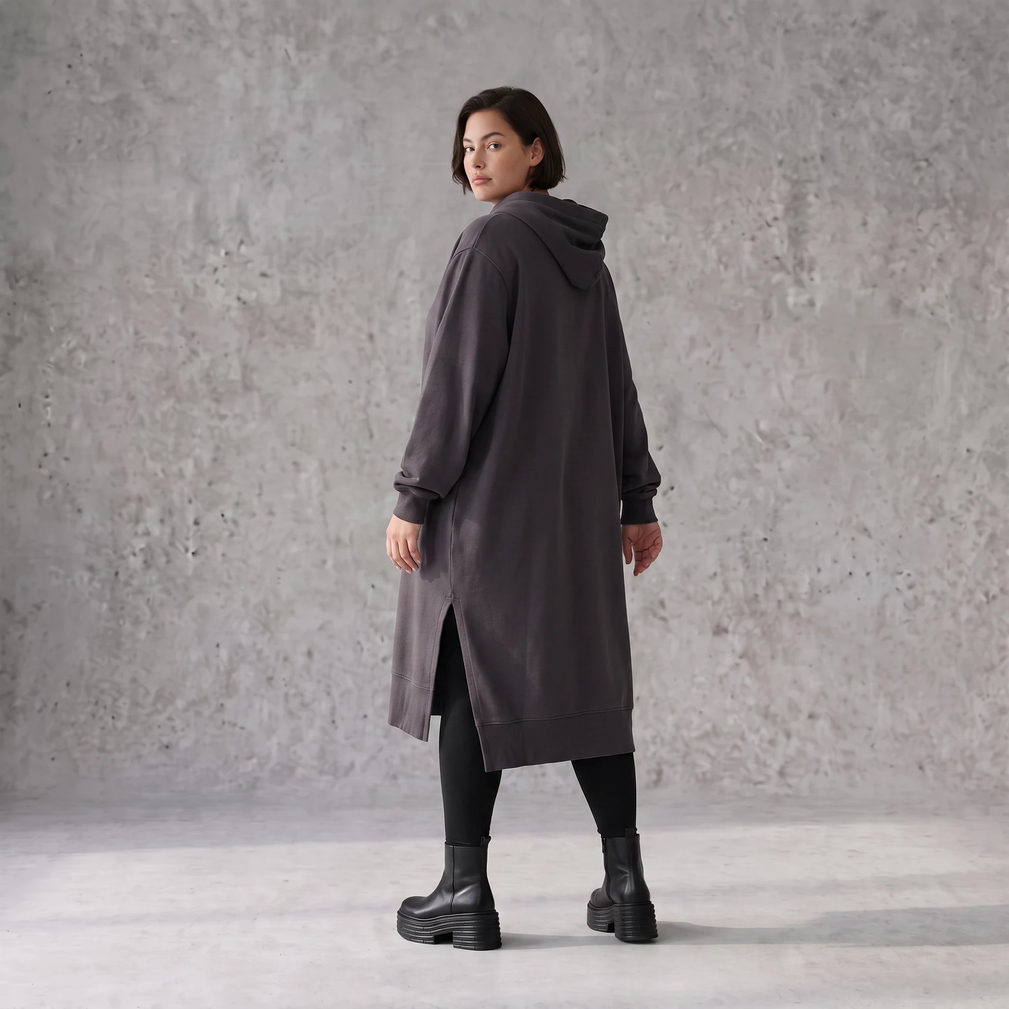 Damen Hoody Avantgarde Baumwolle Dunkelgrau, gerader Schnitt, Kapuze, Oversize große Größen – Rafay