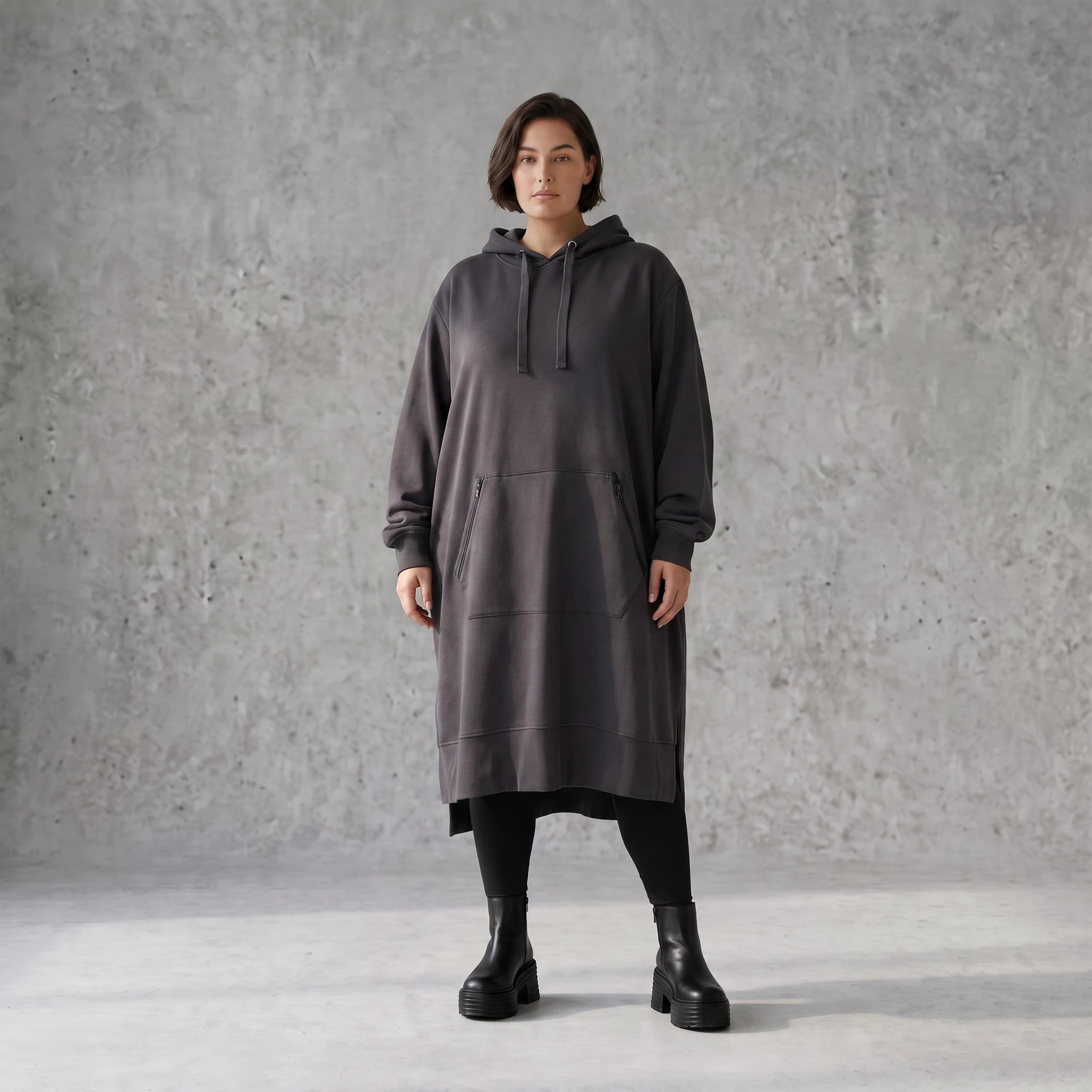 Damen Hoody Avantgarde Baumwolle Dunkelgrau, gerader Schnitt, Kapuze, Oversize große Größen – Rafay
