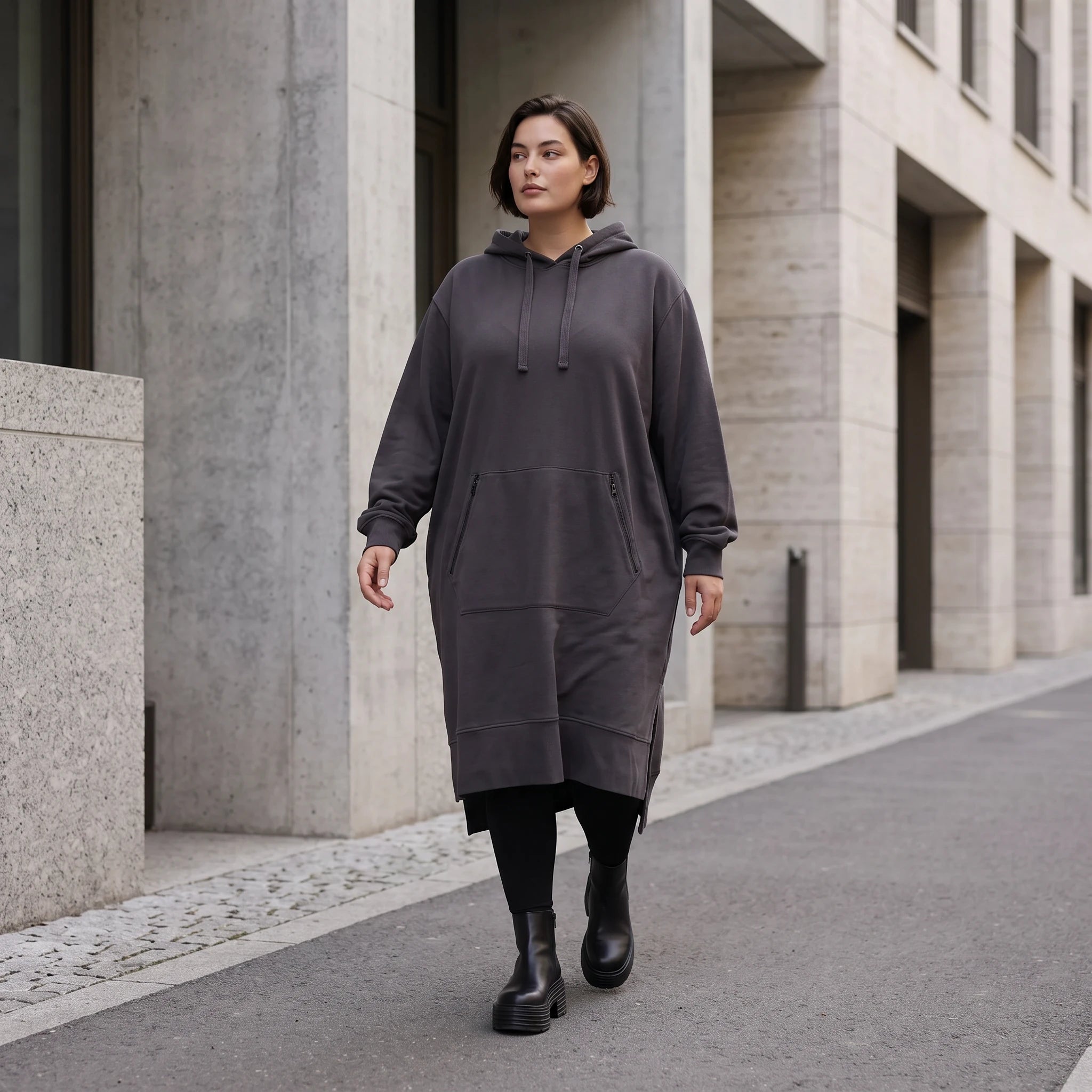 Damen Hoody Avantgarde Baumwolle Dunkelgrau, gerader Schnitt, Kapuze, Oversize große Größen – Rafay