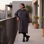 Damen Hoody Avantgarde Baumwolle Dunkelgrau, gerader Schnitt, Kapuze, Oversize große Größen – Rafay