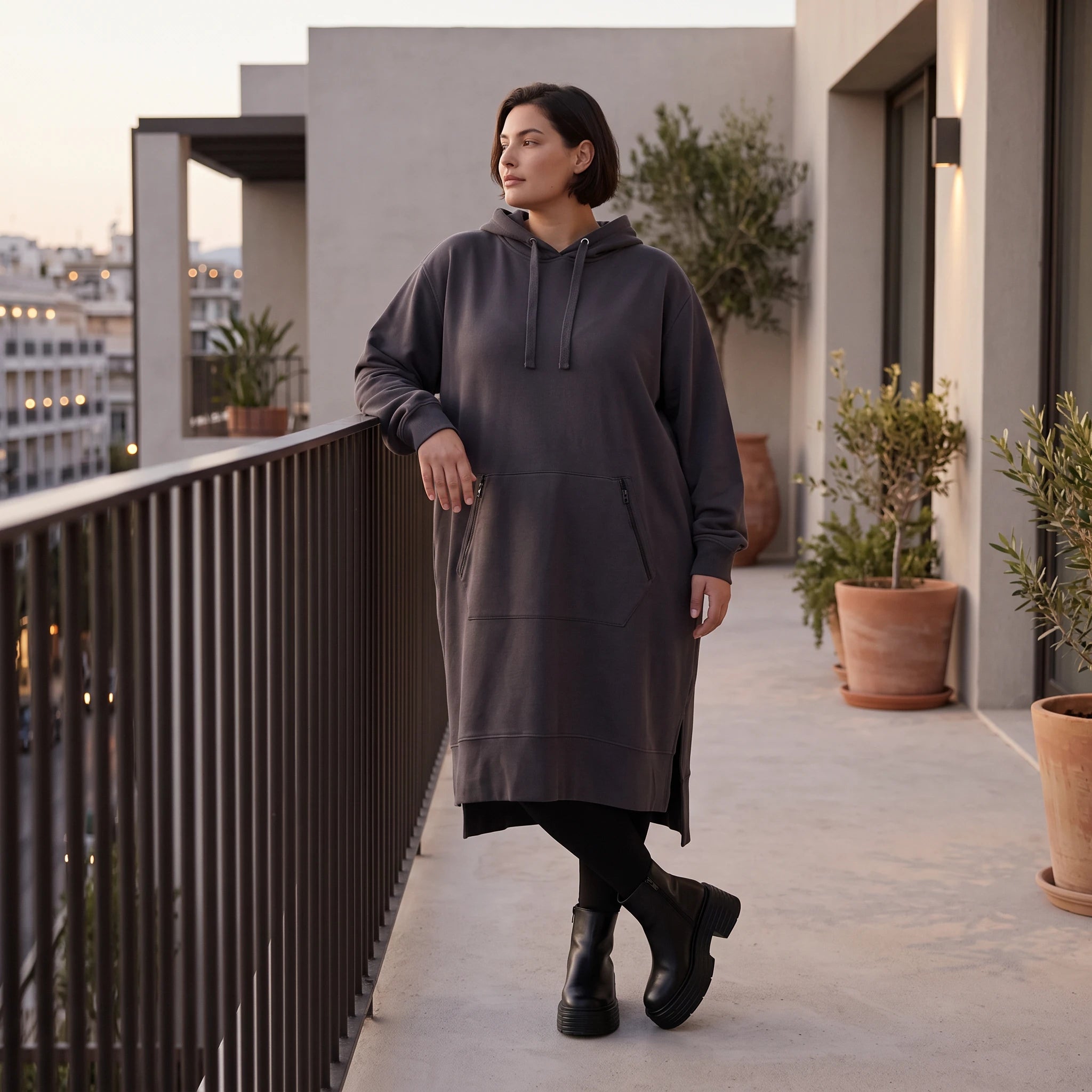 Damen Hoody Avantgarde Baumwolle Dunkelgrau, gerader Schnitt, Kapuze, Oversize große Größen – Rafay