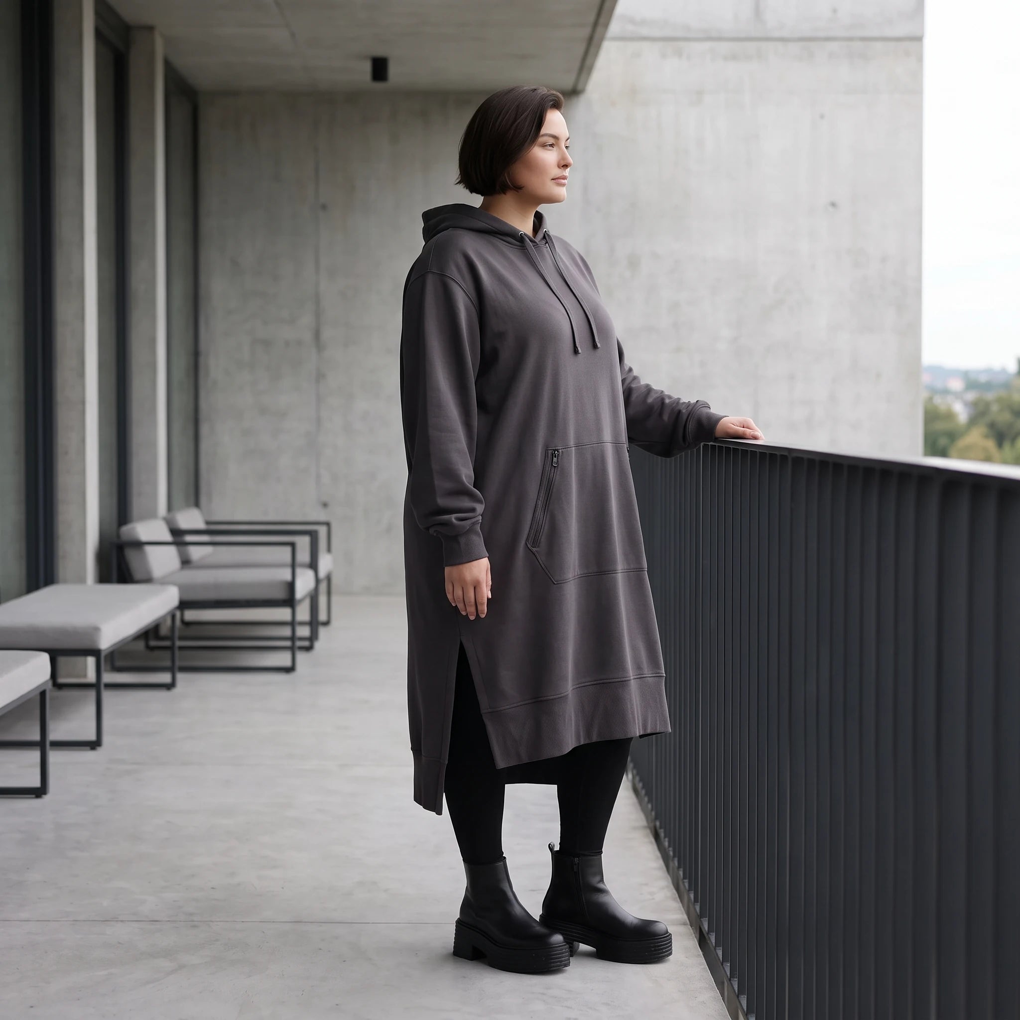 Damen Hoody Avantgarde Baumwolle Dunkelgrau, gerader Schnitt, Kapuze, Oversize große Größen – Rafay
