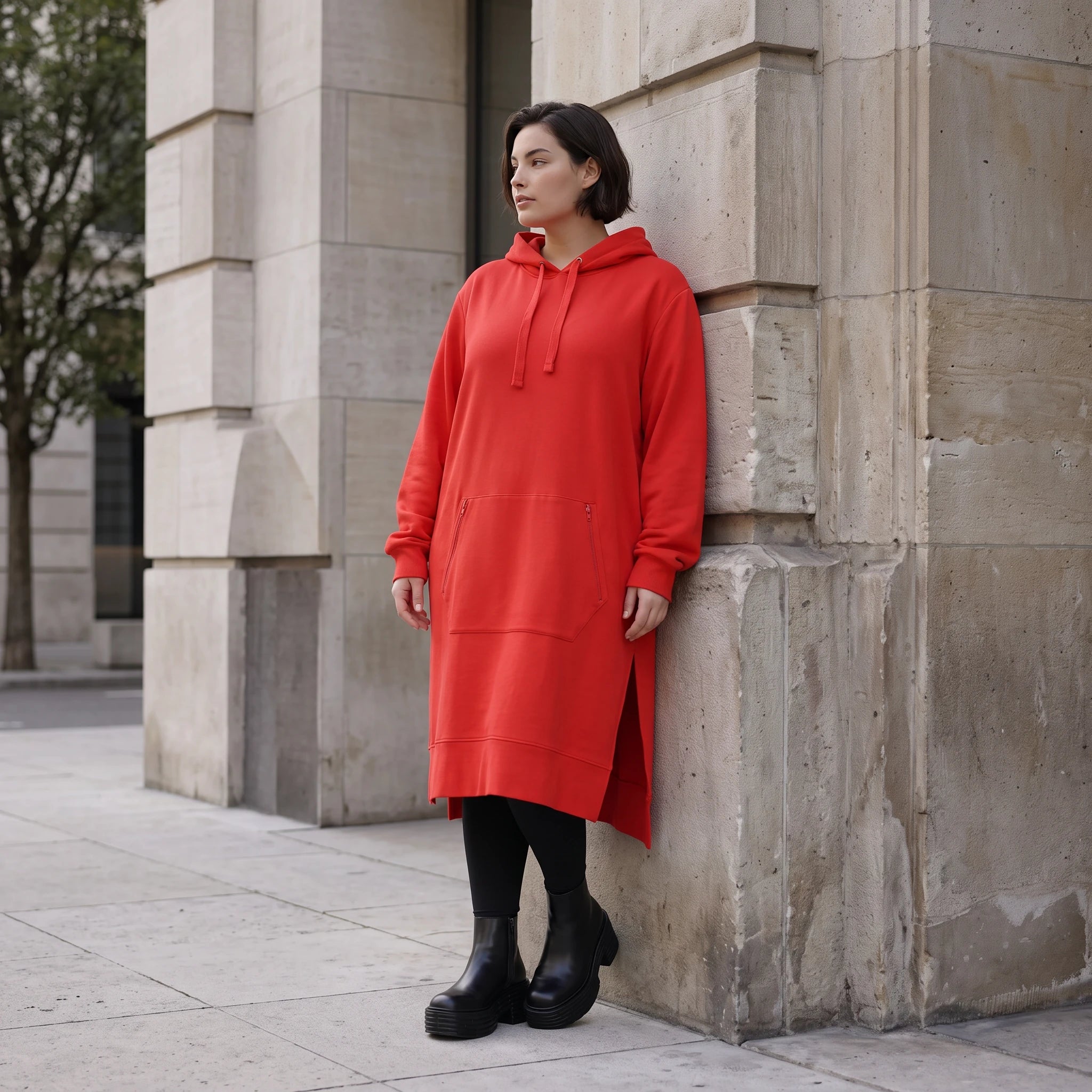 Damen Hoody Avantgarde Baumwolle Rot, gerader Schnitt, Kapuze, Oversize große Größen – Rafay