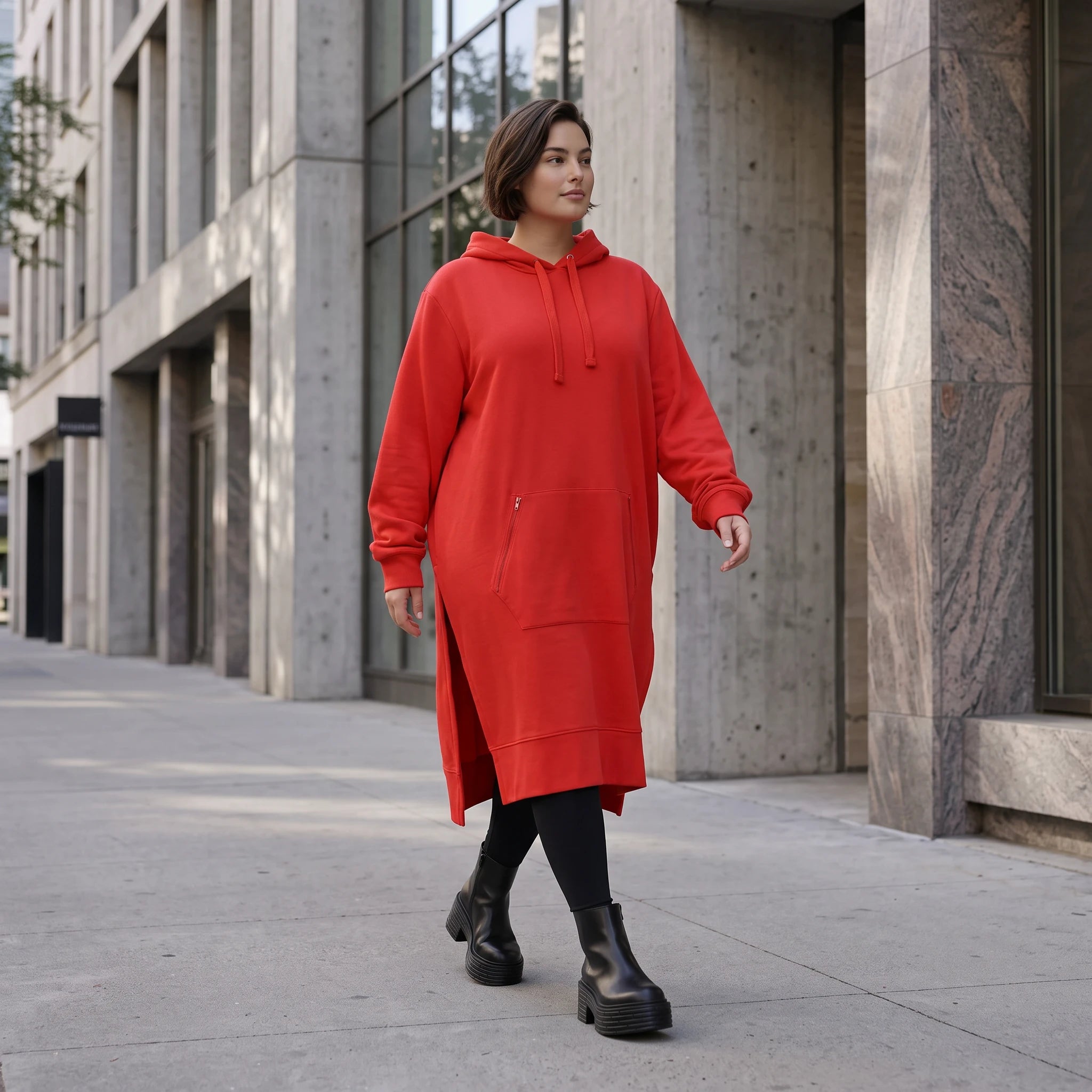 Damen Hoody Avantgarde Baumwolle Rot, gerader Schnitt, Kapuze, Oversize große Größen – Rafay