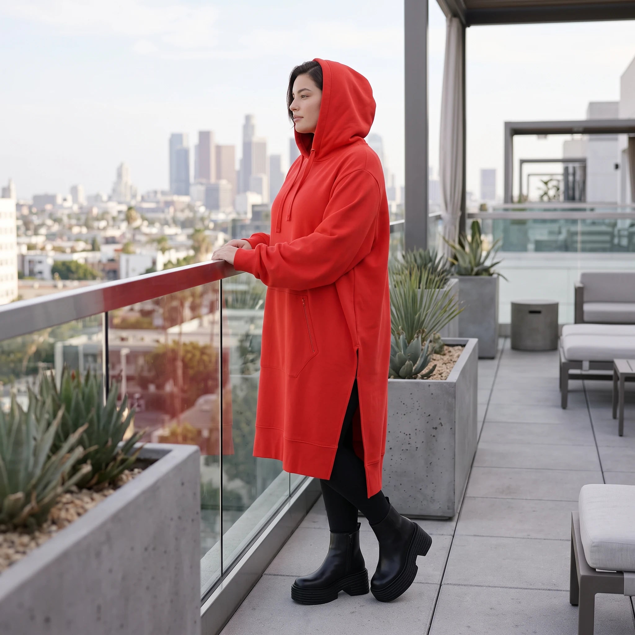 Damen Hoody Avantgarde Baumwolle Rot, gerader Schnitt, Kapuze, Oversize große Größen – Rafay