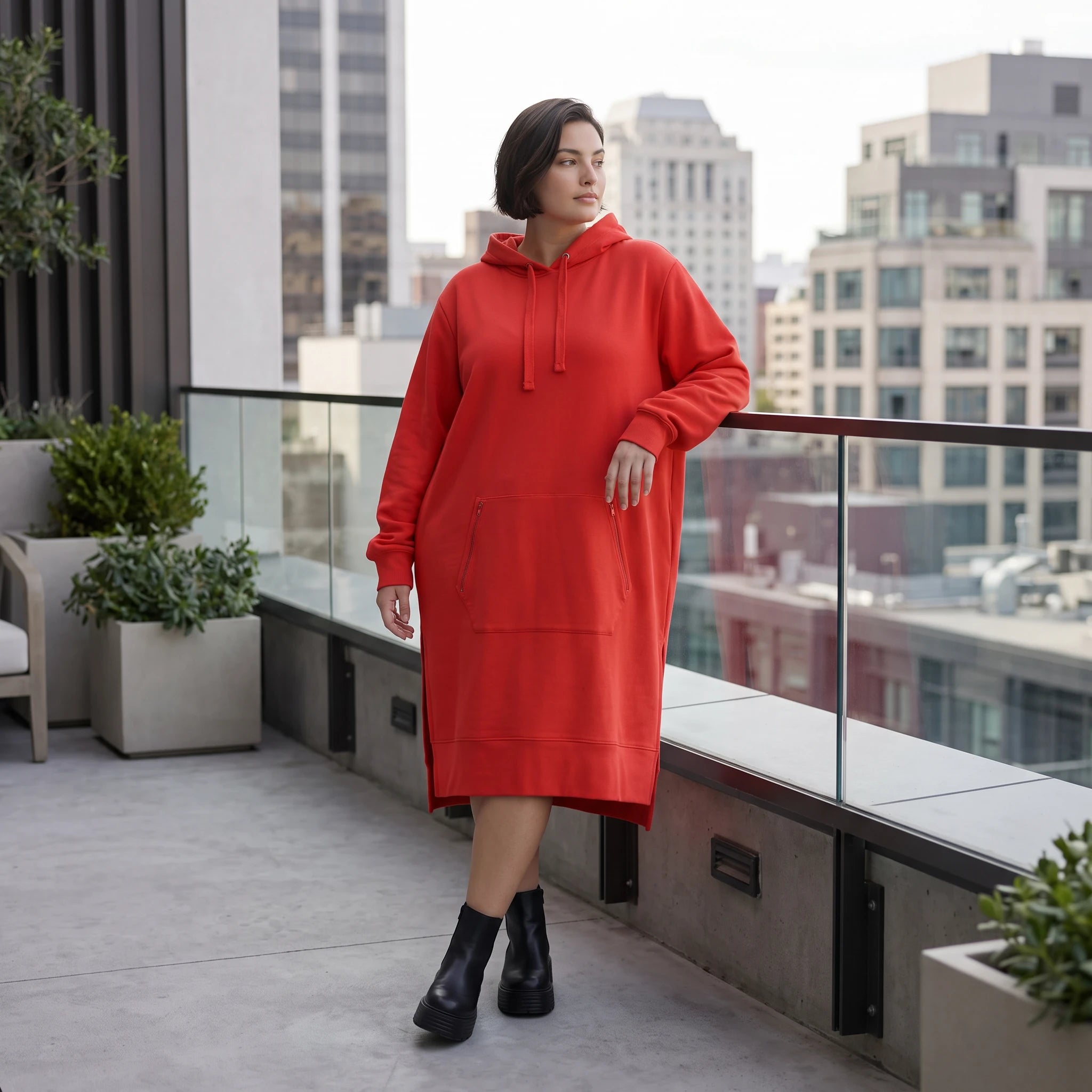 Damen Hoody Avantgarde Baumwolle Rot, gerader Schnitt, Kapuze, Oversize große Größen – Rafay