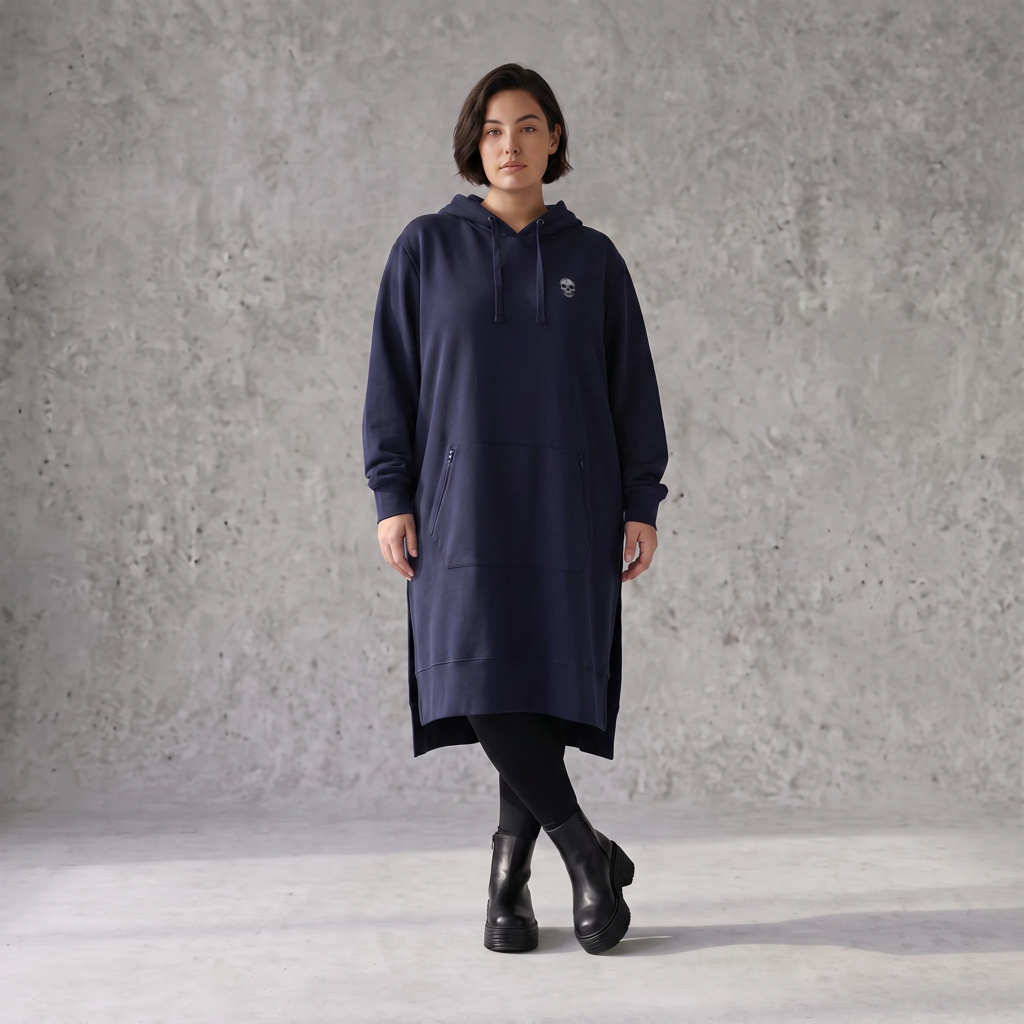 Damen Hoody Avantgarde Baumwolle Dunkelblau, gerader Schnitt, Kapuze, Oversize große Größen – Rafay
