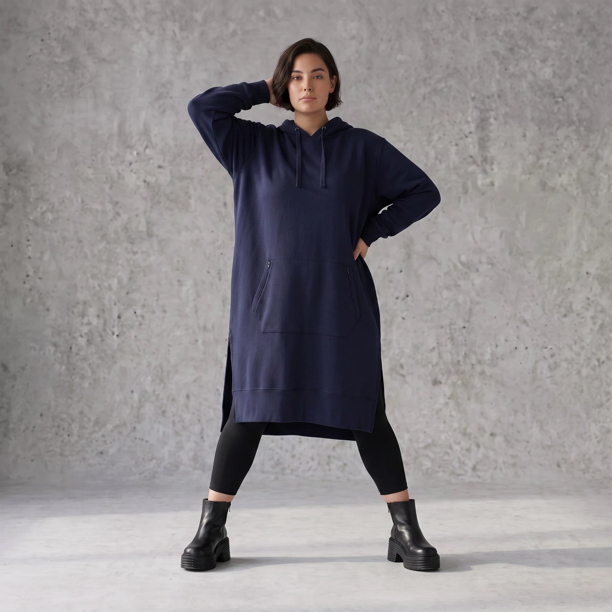 Damen Hoody Avantgarde Baumwolle Dunkelblau, gerader Schnitt, Kapuze, Oversize große Größen – Rafay