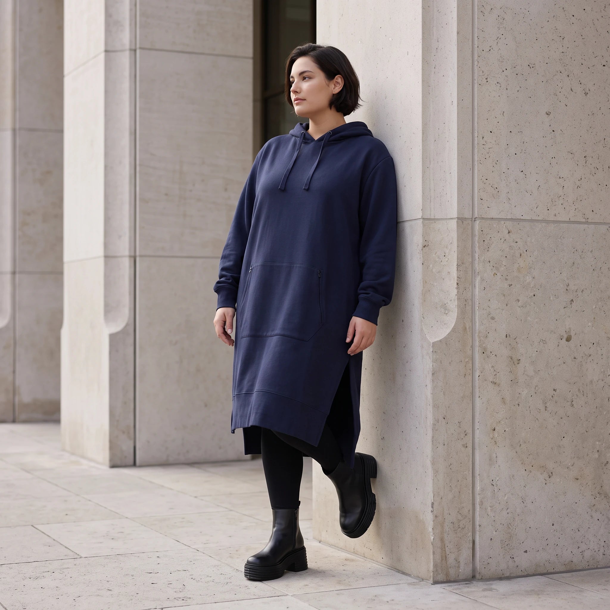 Damen Hoody Avantgarde Baumwolle Dunkelblau, gerader Schnitt, Kapuze, Oversize große Größen – Rafay