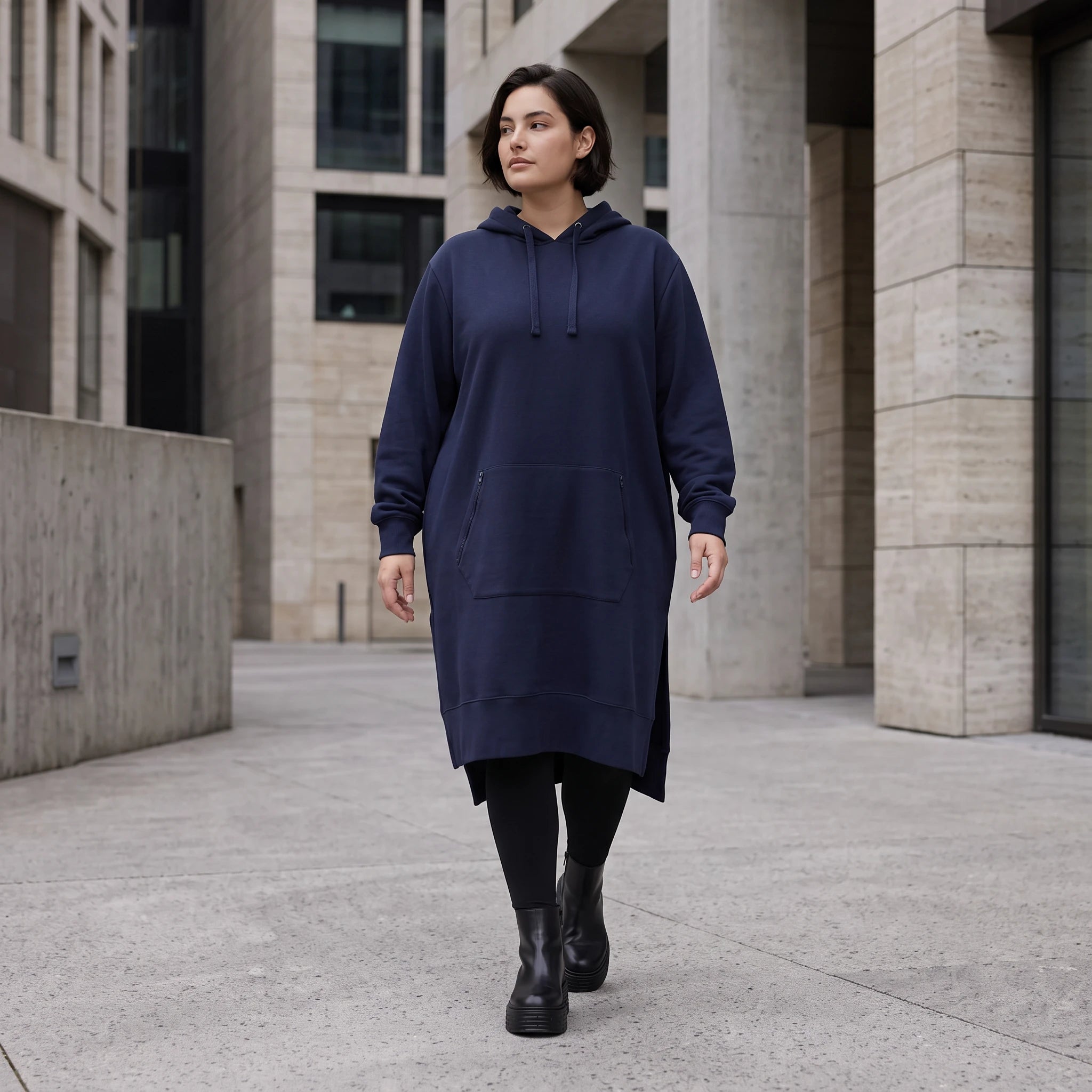 Damen Hoody Avantgarde Baumwolle Dunkelblau, gerader Schnitt, Kapuze, Oversize große Größen – Rafay