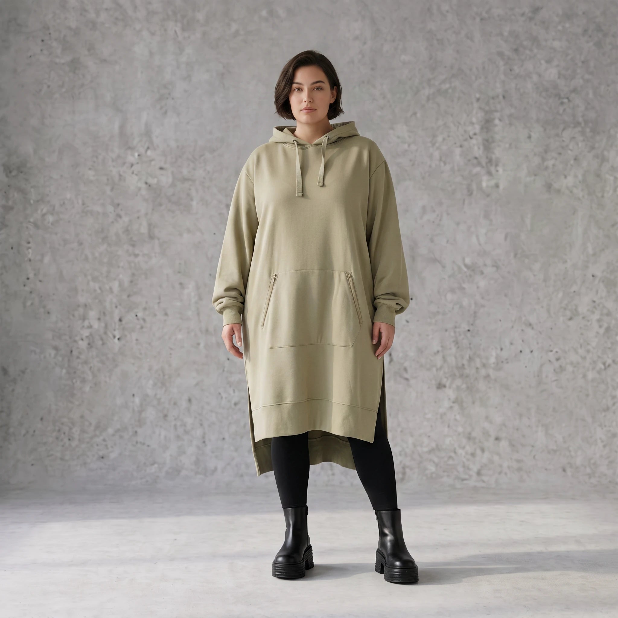 Damen Hoody Avantgarde Baumwolle Beige, gerader Schnitt, Kapuze, Oversize große Größen – Rafay