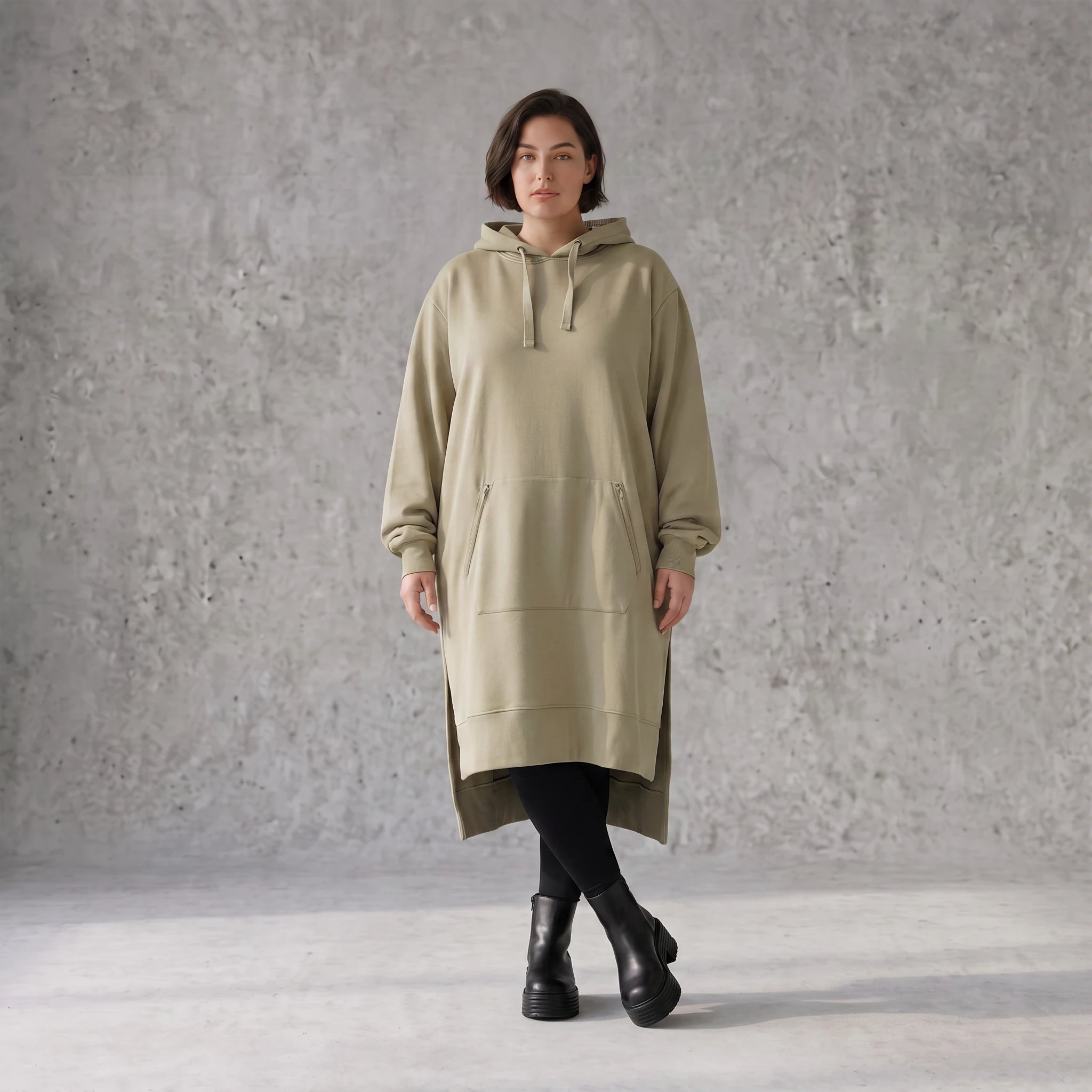 Damen Hoody Avantgarde Baumwolle Beige, gerader Schnitt, Kapuze, Oversize große Größen – Rafay