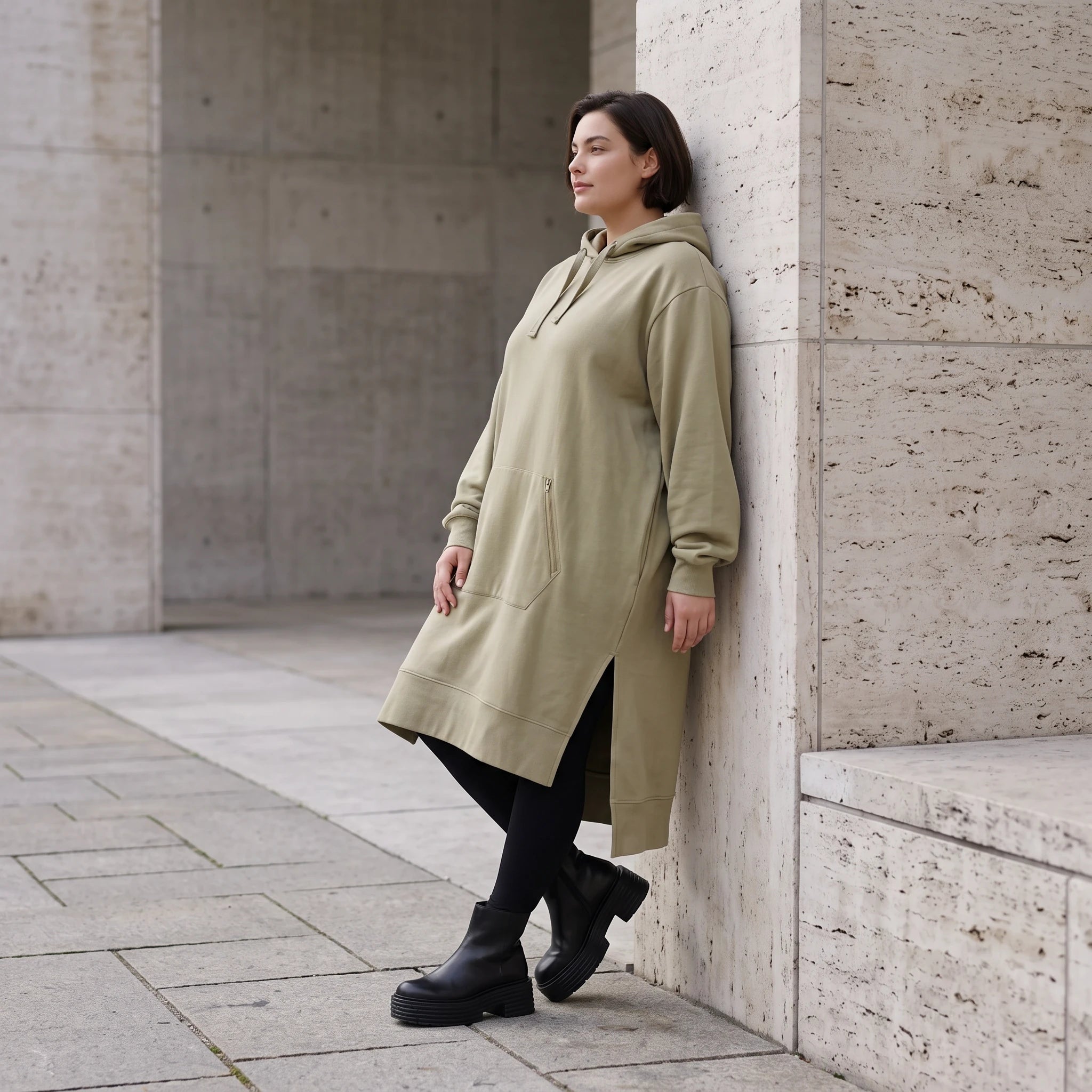 Damen Hoody Avantgarde Baumwolle Beige, gerader Schnitt, Kapuze, Oversize große Größen – Rafay