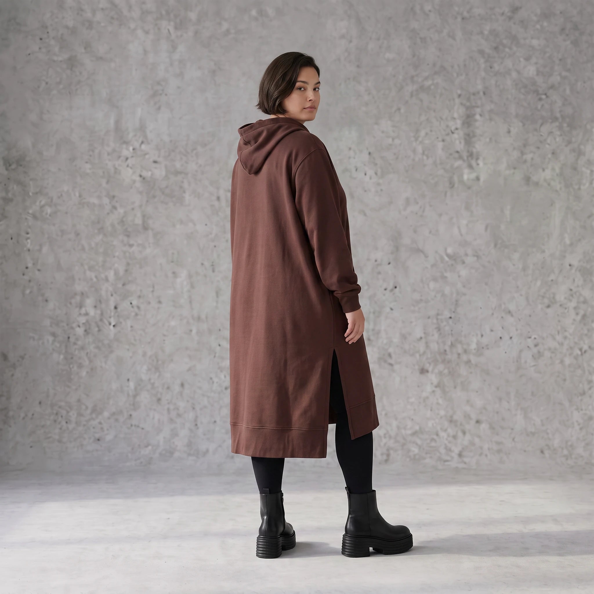 Damen Hoody Avantgarde Baumwolle Schokobraun, gerader Schnitt, Langarm, Kapuze, Oversize große Größen – Rafay