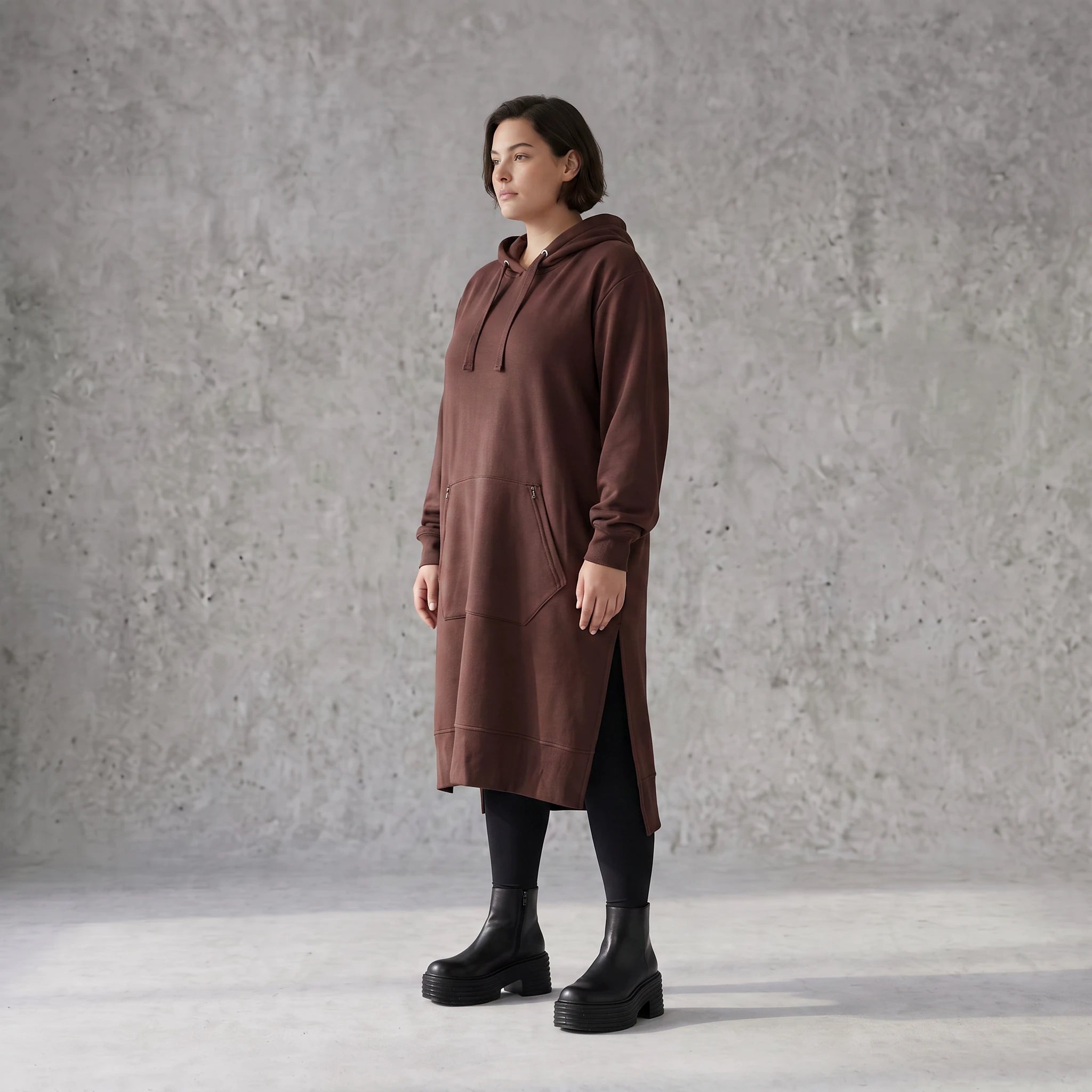 Damen Hoody Avantgarde Baumwolle Schokobraun, gerader Schnitt, Langarm, Kapuze, Oversize große Größen – Rafay