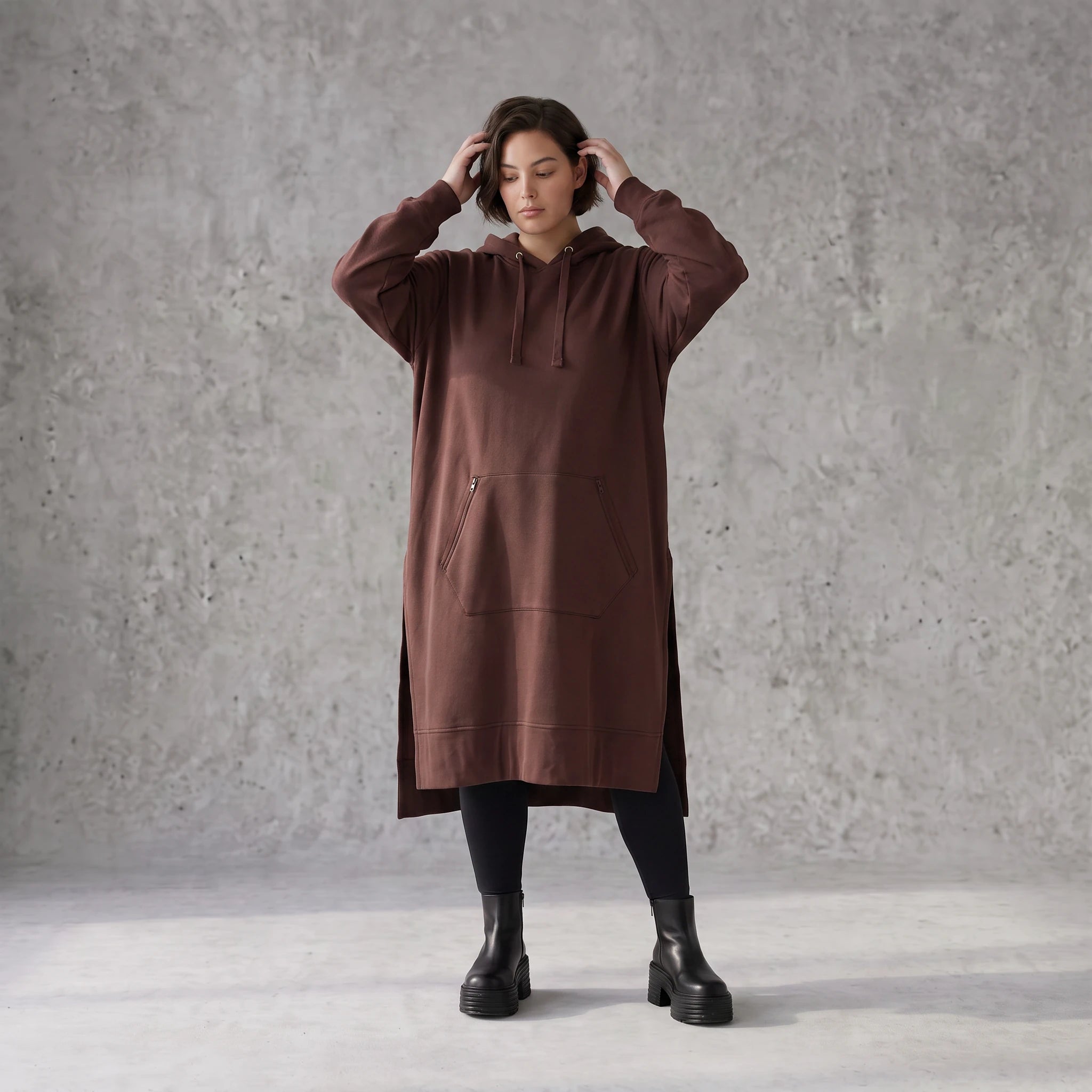Damen Hoody Avantgarde Baumwolle Schokobraun, gerader Schnitt, Langarm, Kapuze, Oversize große Größen – Rafay