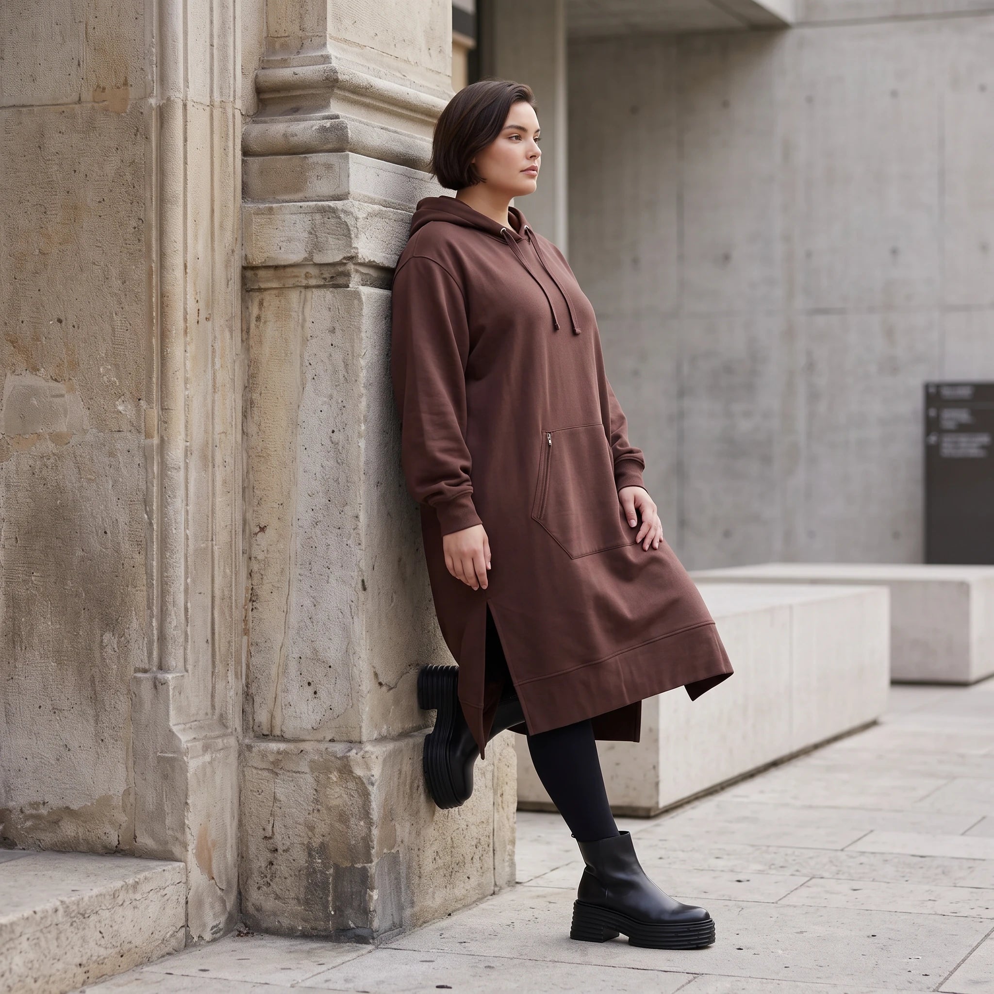 Damen Hoody Avantgarde Baumwolle Schokobraun, gerader Schnitt, Langarm, Kapuze, Oversize große Größen – Rafay