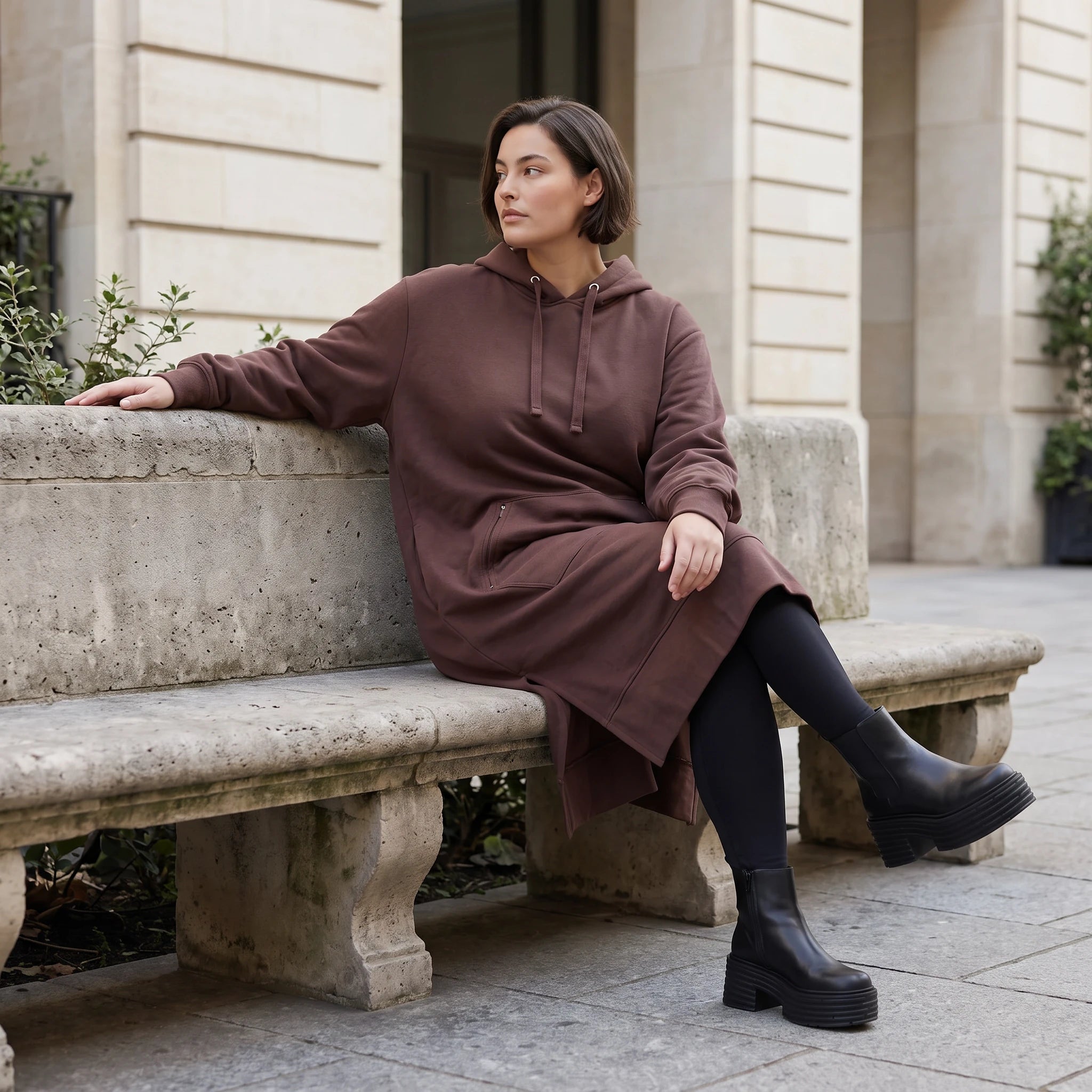 Damen Hoody Avantgarde Baumwolle Schokobraun, gerader Schnitt, Langarm, Kapuze, Oversize große Größen – Rafay