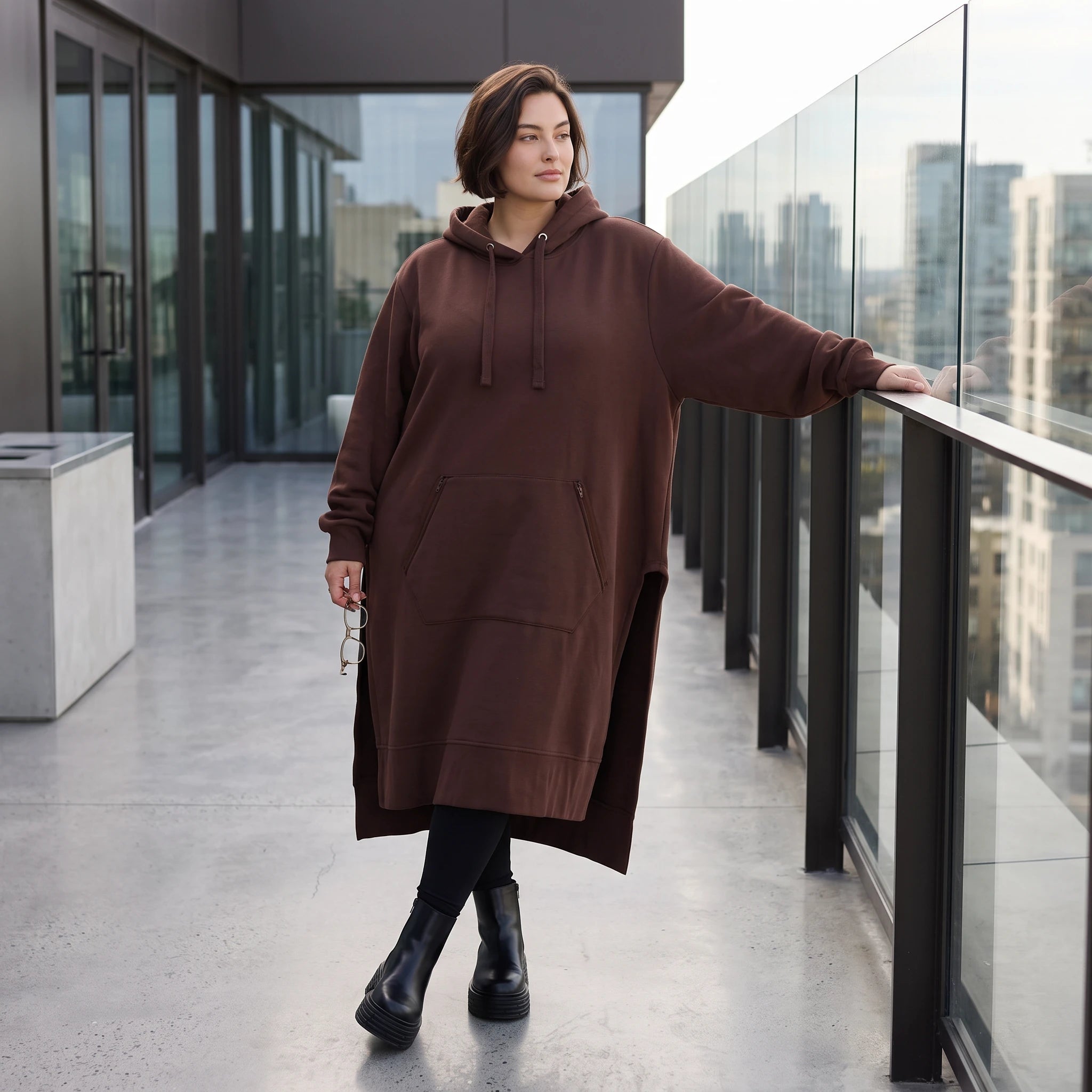 Damen Hoody Avantgarde Baumwolle Schokobraun, gerader Schnitt, Langarm, Kapuze, Oversize große Größen – Rafay