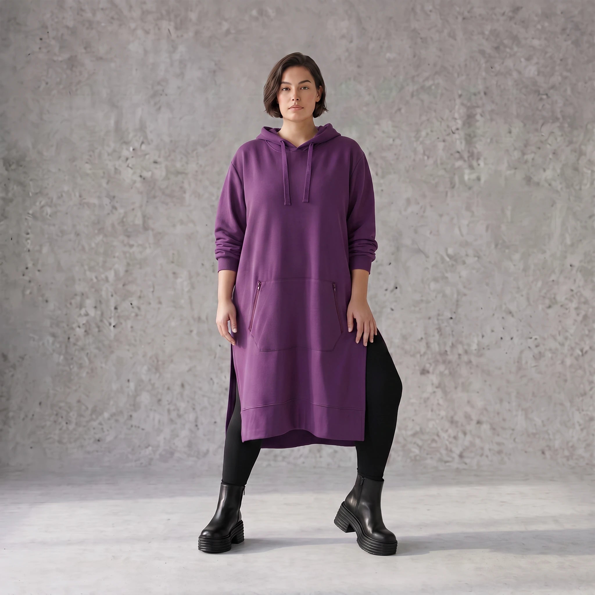 Damen Hoody Avantgarde Baumwolle Lila, gerader Schnitt, Langarm, Kapuze, Oversize große Größen – Rafay