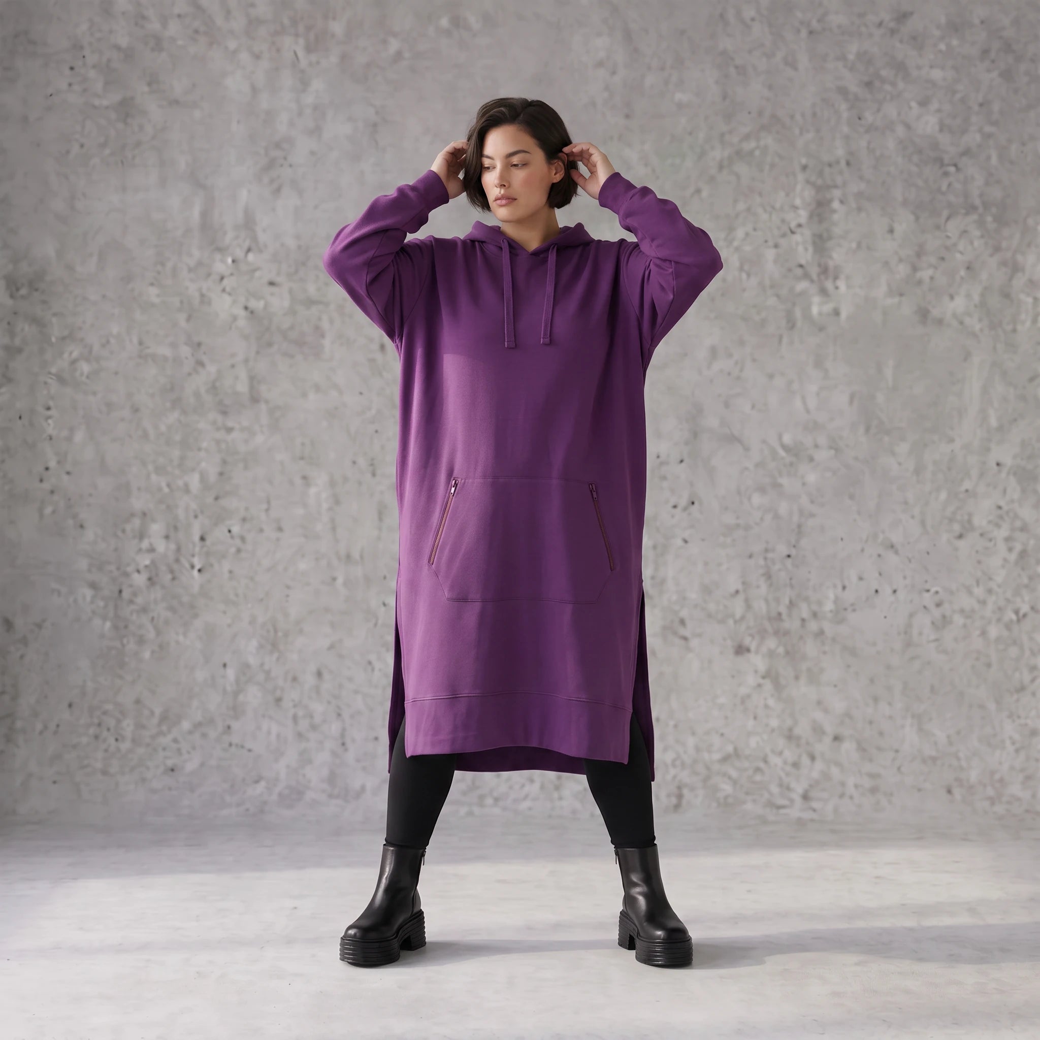 Damen Hoody Avantgarde Baumwolle Lila, gerader Schnitt, Langarm, Kapuze, Oversize große Größen – Rafay