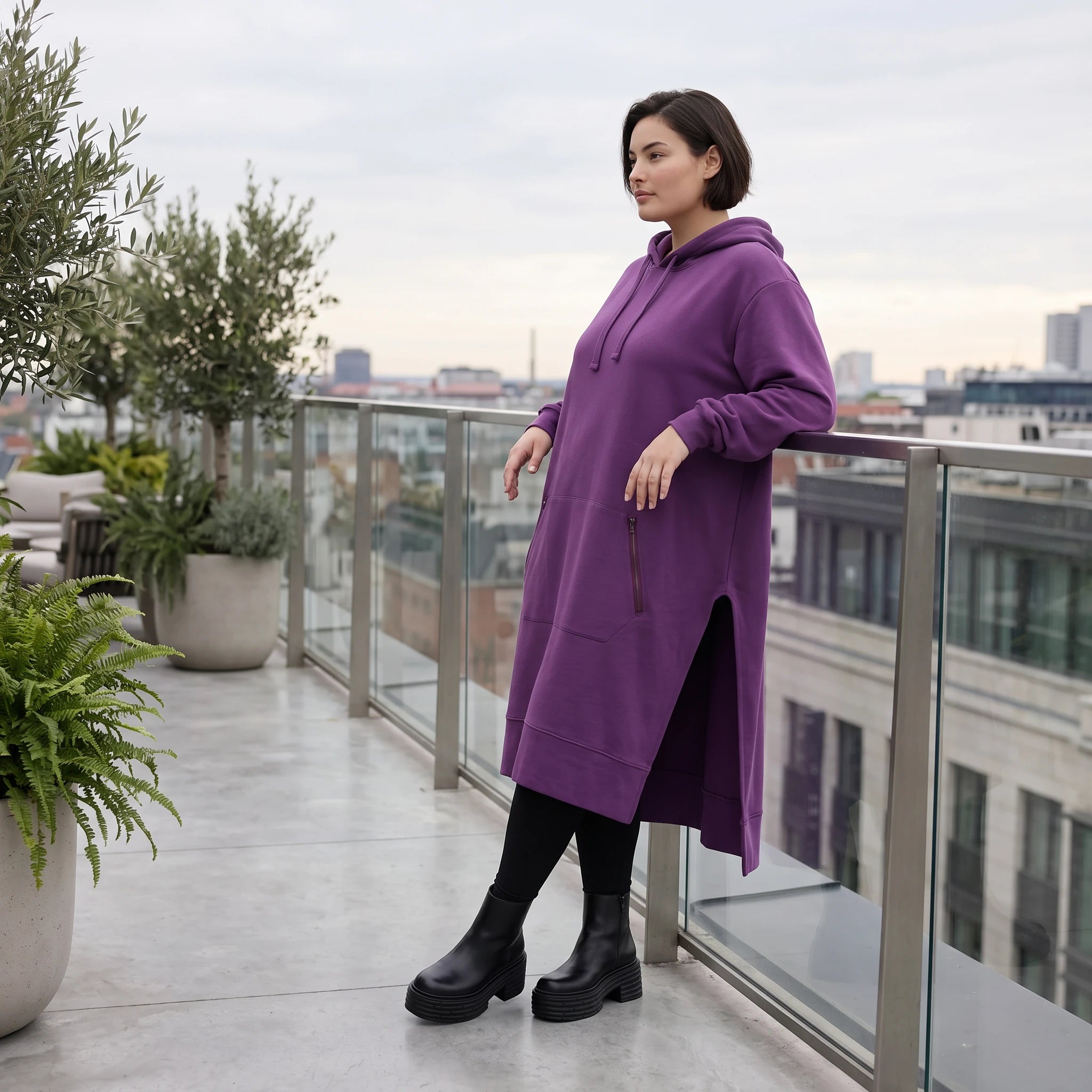 Damen Hoody Avantgarde Baumwolle Lila, gerader Schnitt, Langarm, Kapuze, Oversize große Größen – Rafay