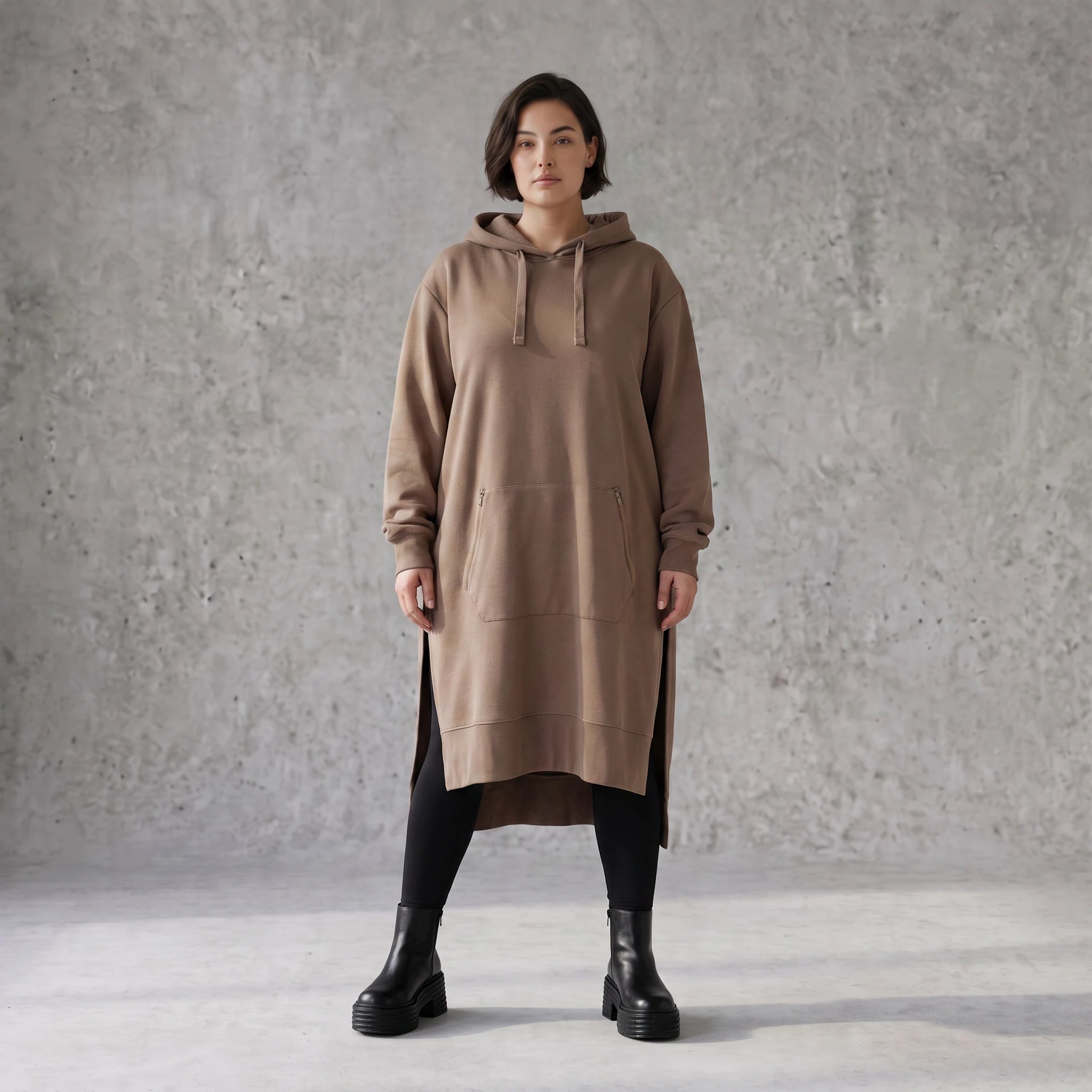 Damen Hoody Avantgarde Baumwolle Braun, gerader Schnitt, Langarm, Kapuze, Oversize große Größen – Rafay