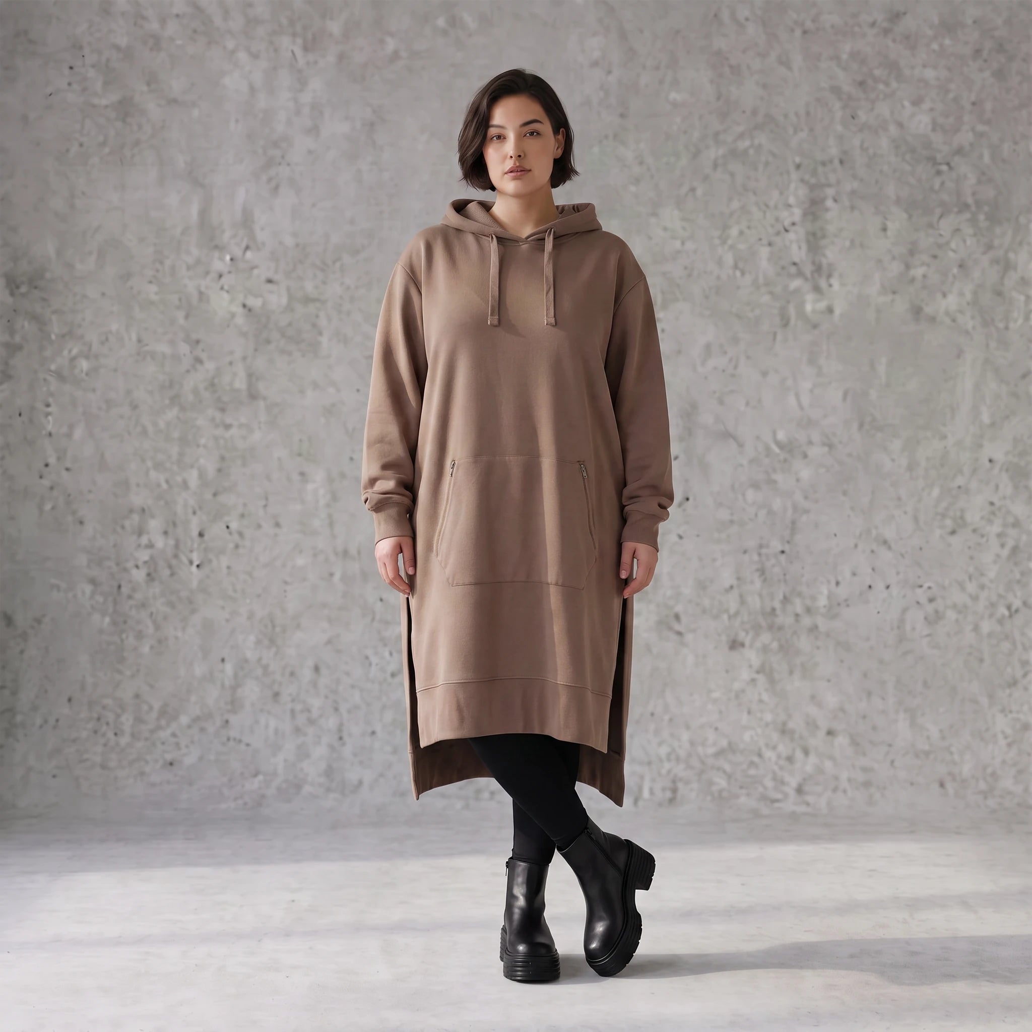 Damen Hoody Avantgarde Baumwolle Braun, gerader Schnitt, Langarm, Kapuze, Oversize große Größen – Rafay