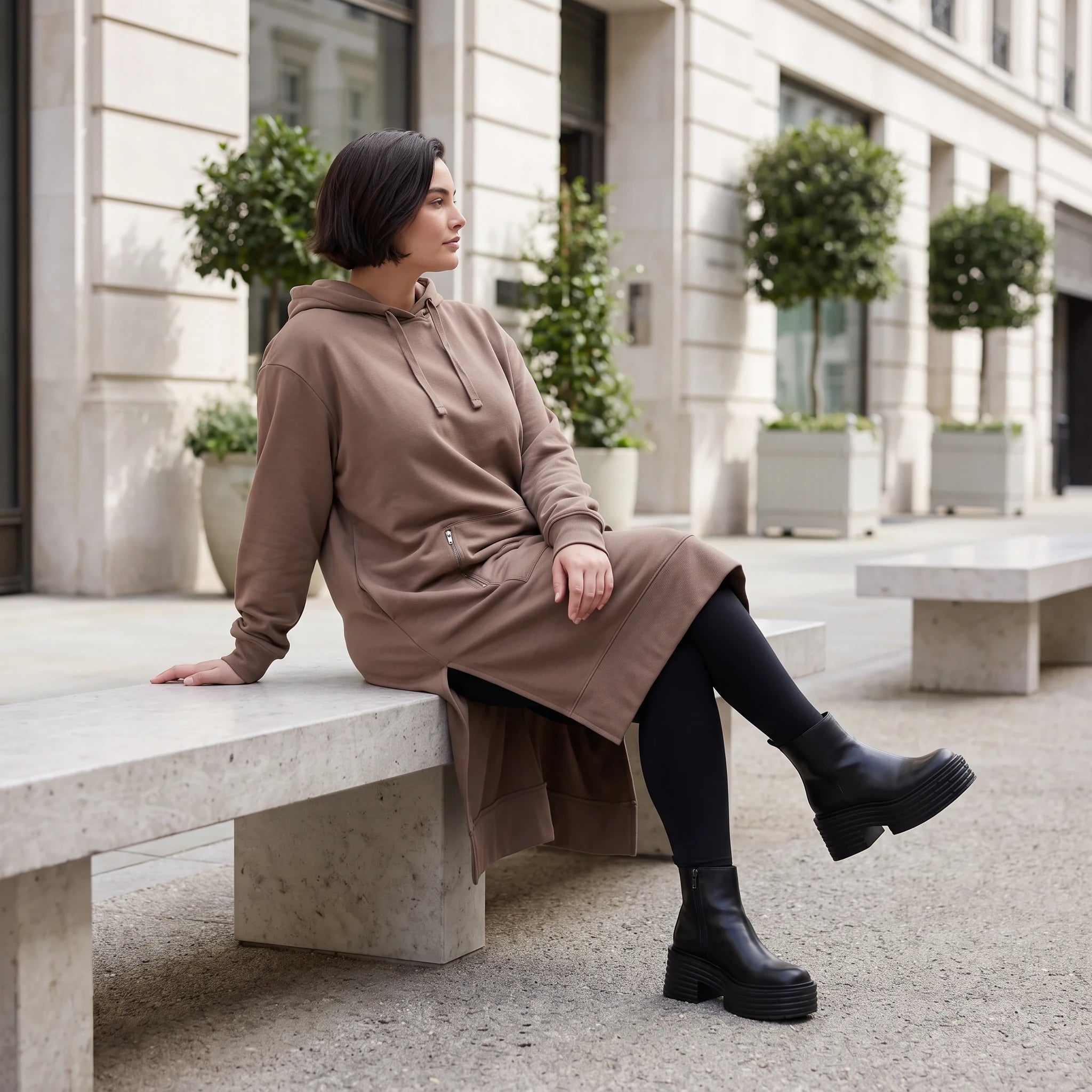 Damen Hoody Avantgarde Baumwolle Braun, gerader Schnitt, Langarm, Kapuze, Oversize große Größen – Rafay