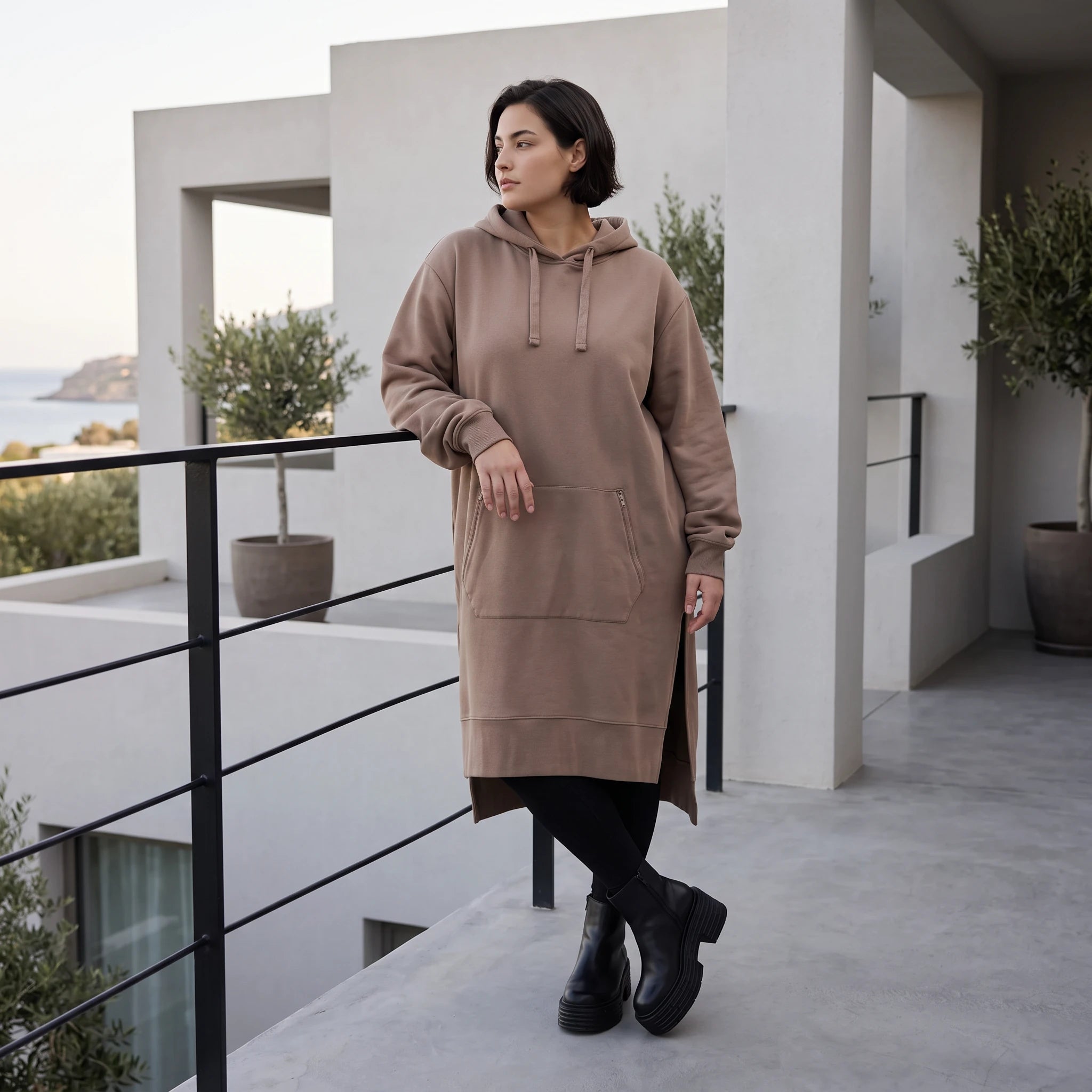 Damen Hoody Avantgarde Baumwolle Braun, gerader Schnitt, Langarm, Kapuze, Oversize große Größen – Rafay