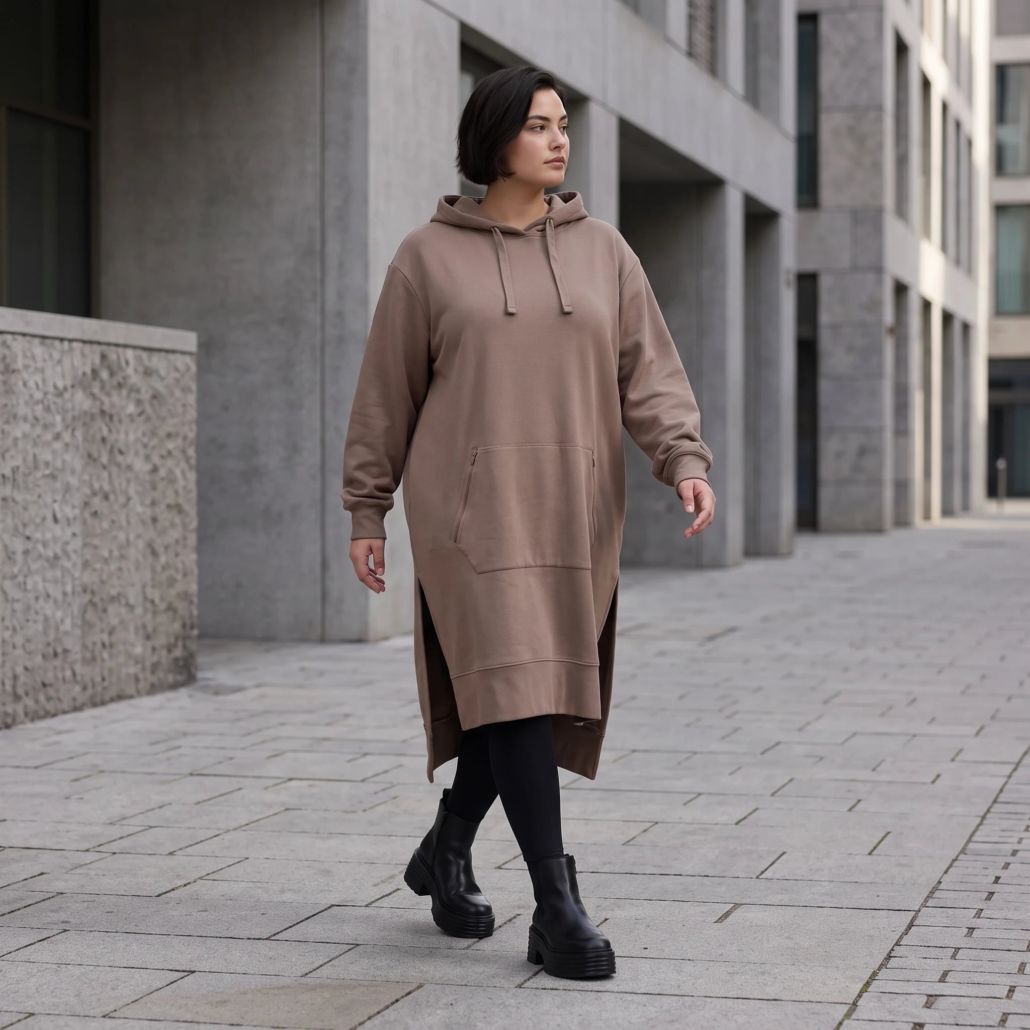 Damen Hoody Avantgarde Baumwolle Braun, gerader Schnitt, Langarm, Kapuze, Oversize große Größen – Rafay
