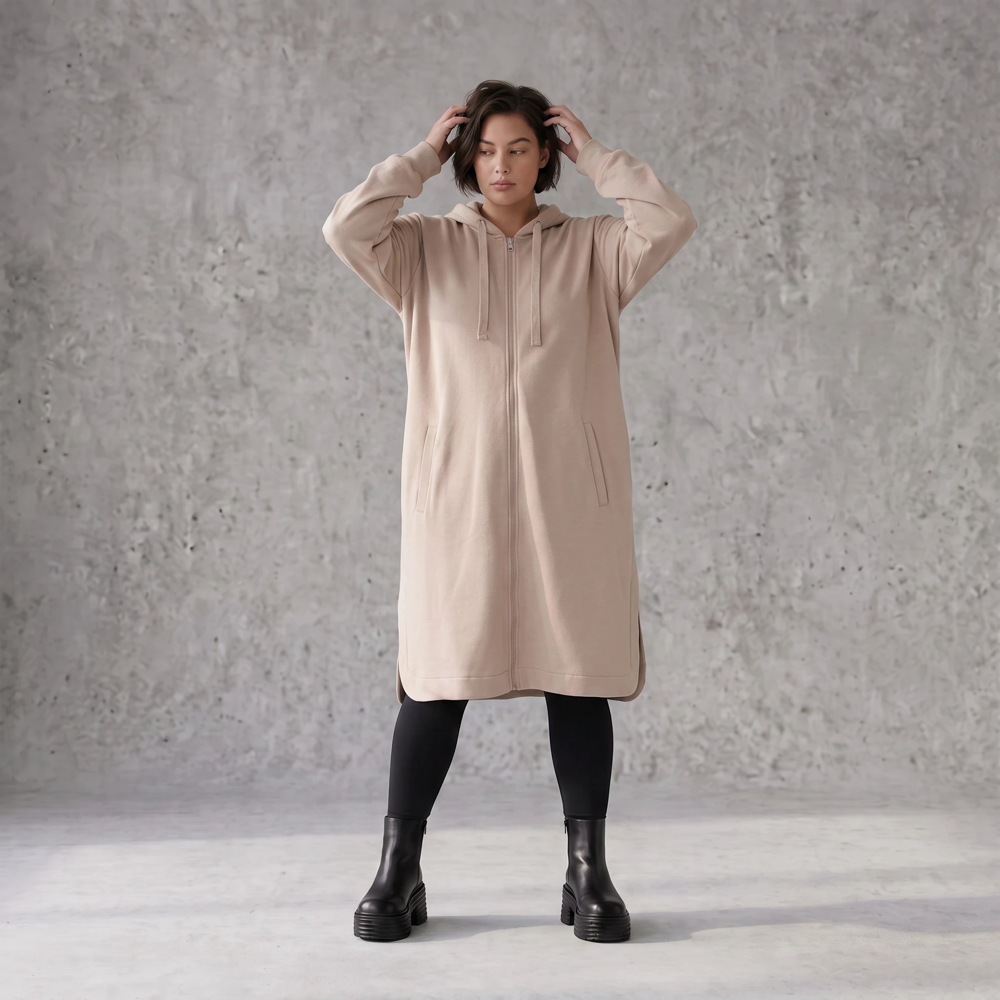 Damen Jacke Avantgarde Baumwolle Sand, gerader Schnitt, Kapuze, Oversize große Größen – Rafay