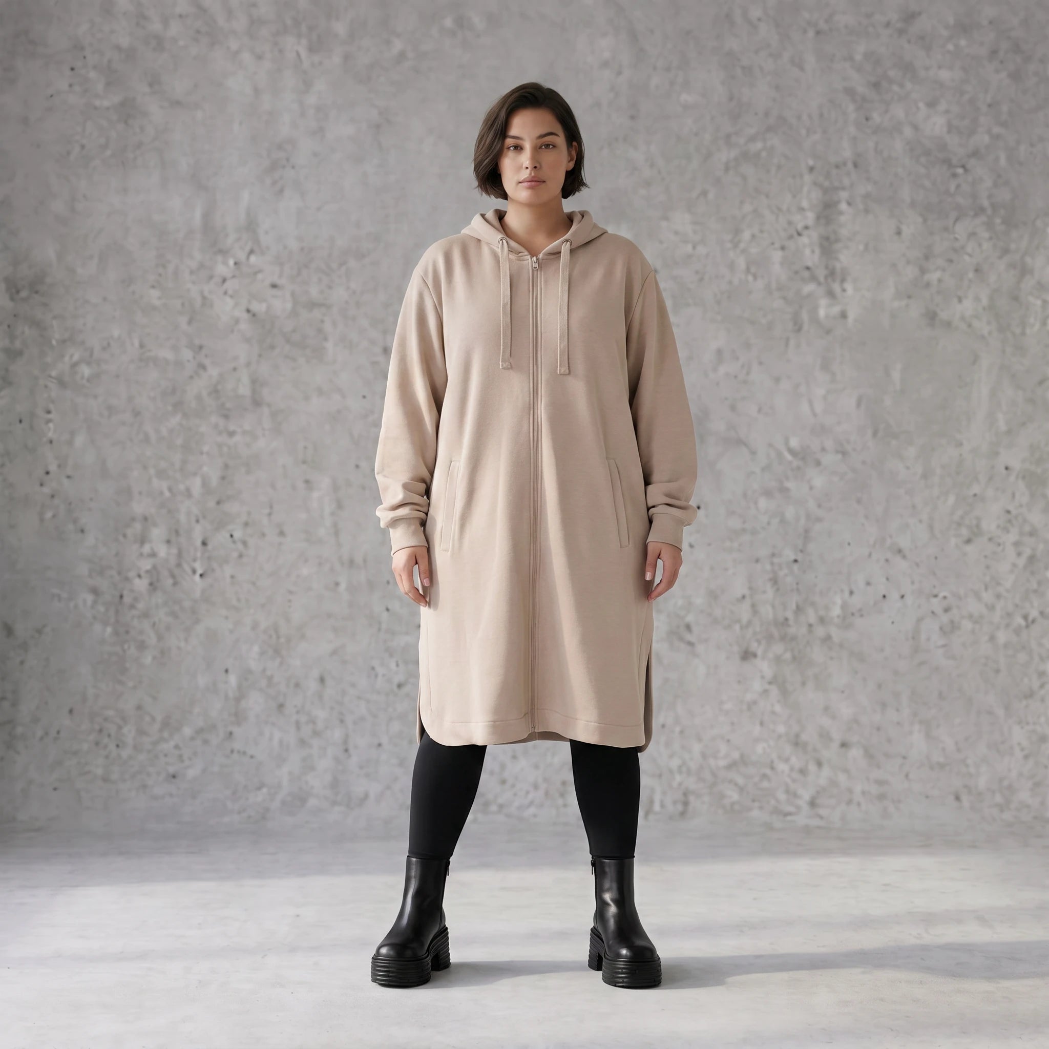 Damen Jacke Avantgarde Baumwolle Sand, gerader Schnitt, Kapuze, Oversize große Größen – Rafay