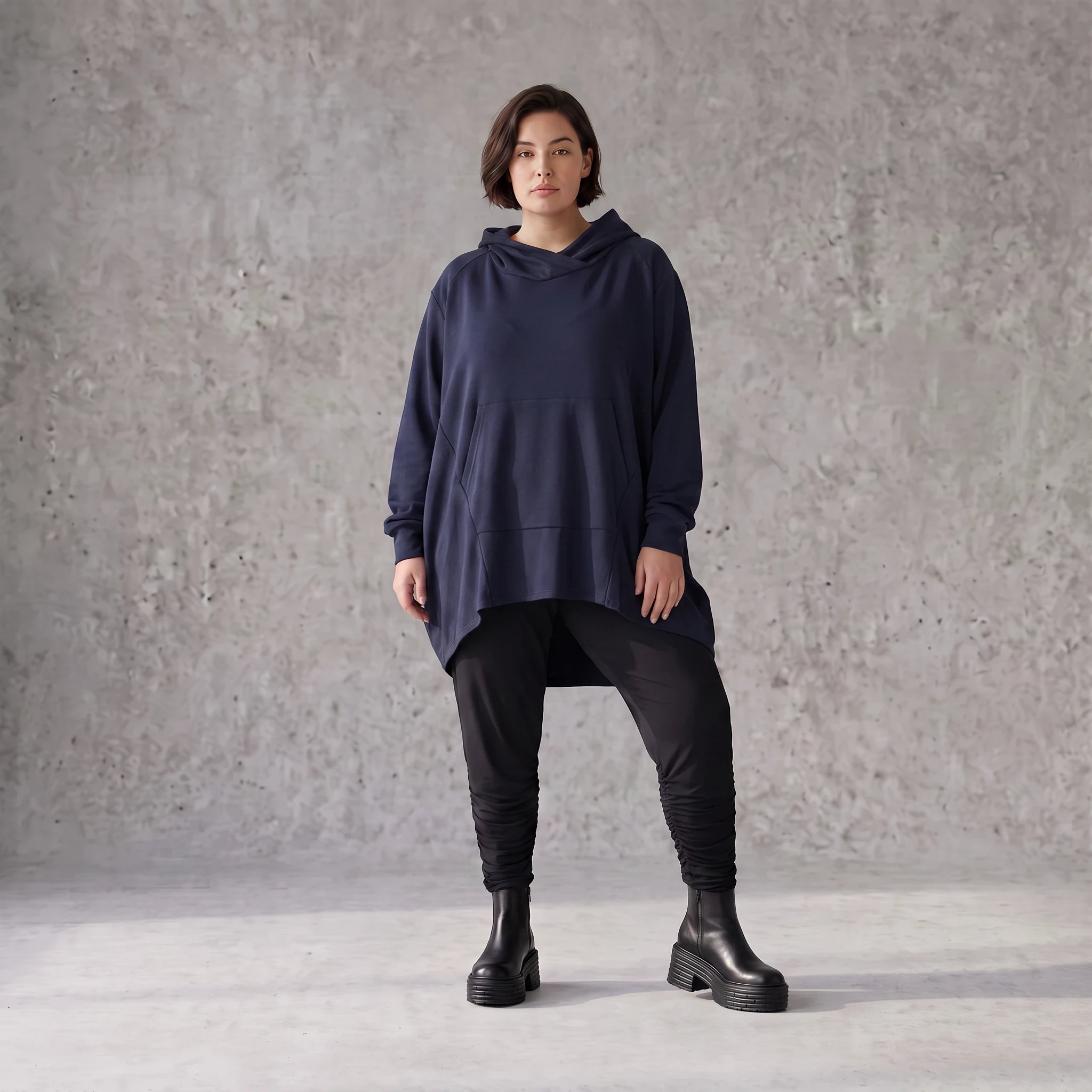 Damen Hoody Avantgarde Baumwolle Dunkelblau, gerundeter Schnitt, 7/8-Arm, Kapuze, Oversize große Größen – Rafay
