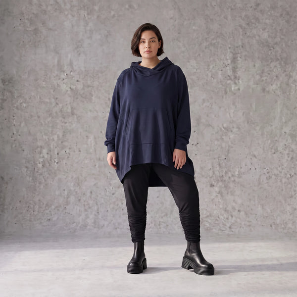 Damen Hoody Avantgarde Baumwolle Dunkelblau, gerundeter Schnitt, 7/8-Arm, Kapuze, Oversize große Größen – Rafay