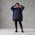 Damen Hoody Avantgarde Baumwolle Dunkelblau, gerundeter Schnitt, 7/8-Arm, Kapuze, Oversize große Größen – Rafay