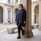 Damen Hoody Avantgarde Baumwolle Dunkelblau, gerundeter Schnitt, 7/8-Arm, Kapuze, Oversize große Größen – Rafay