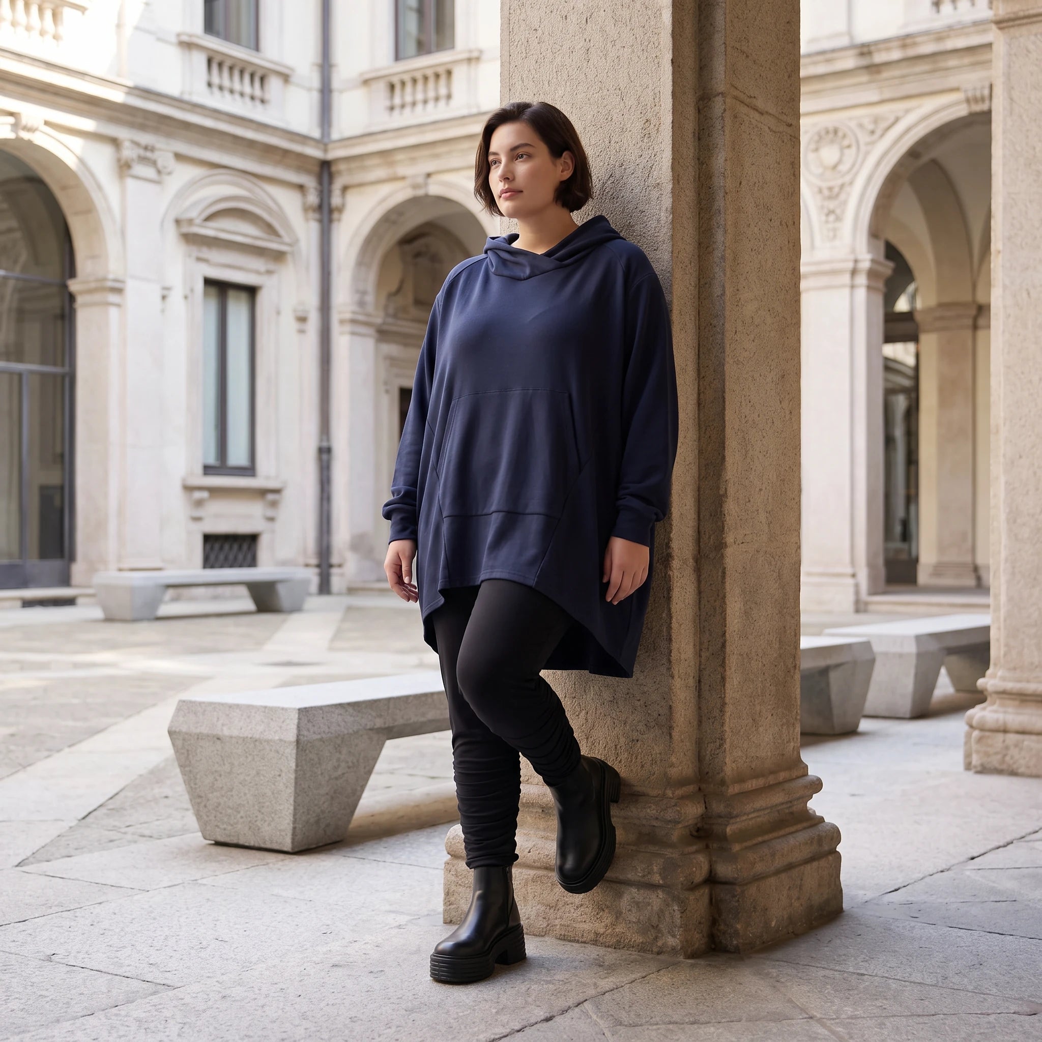 Damen Hoody Avantgarde Baumwolle Dunkelblau, gerundeter Schnitt, 7/8-Arm, Kapuze, Oversize große Größen – Rafay