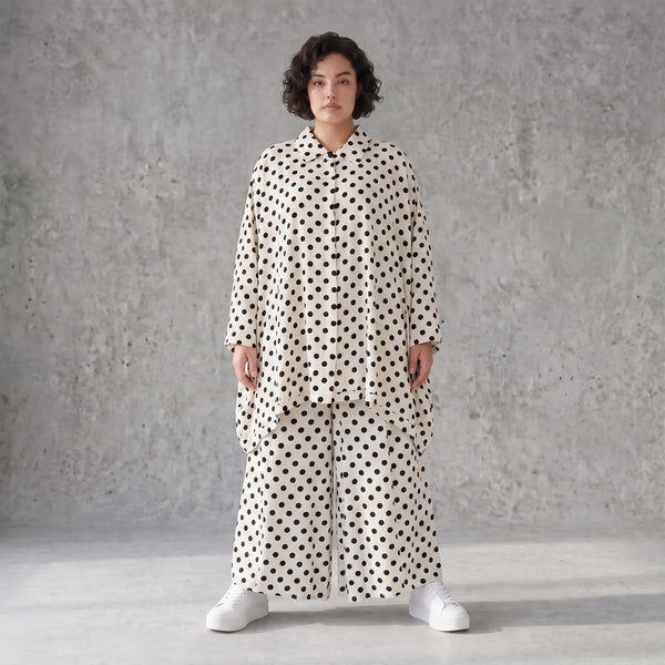 Damen Bluse Avantgarde Viskose Weiß/Schwarz, A-Form, Punkte, Knopfleiste, Oversize große Größen – AKH Premium